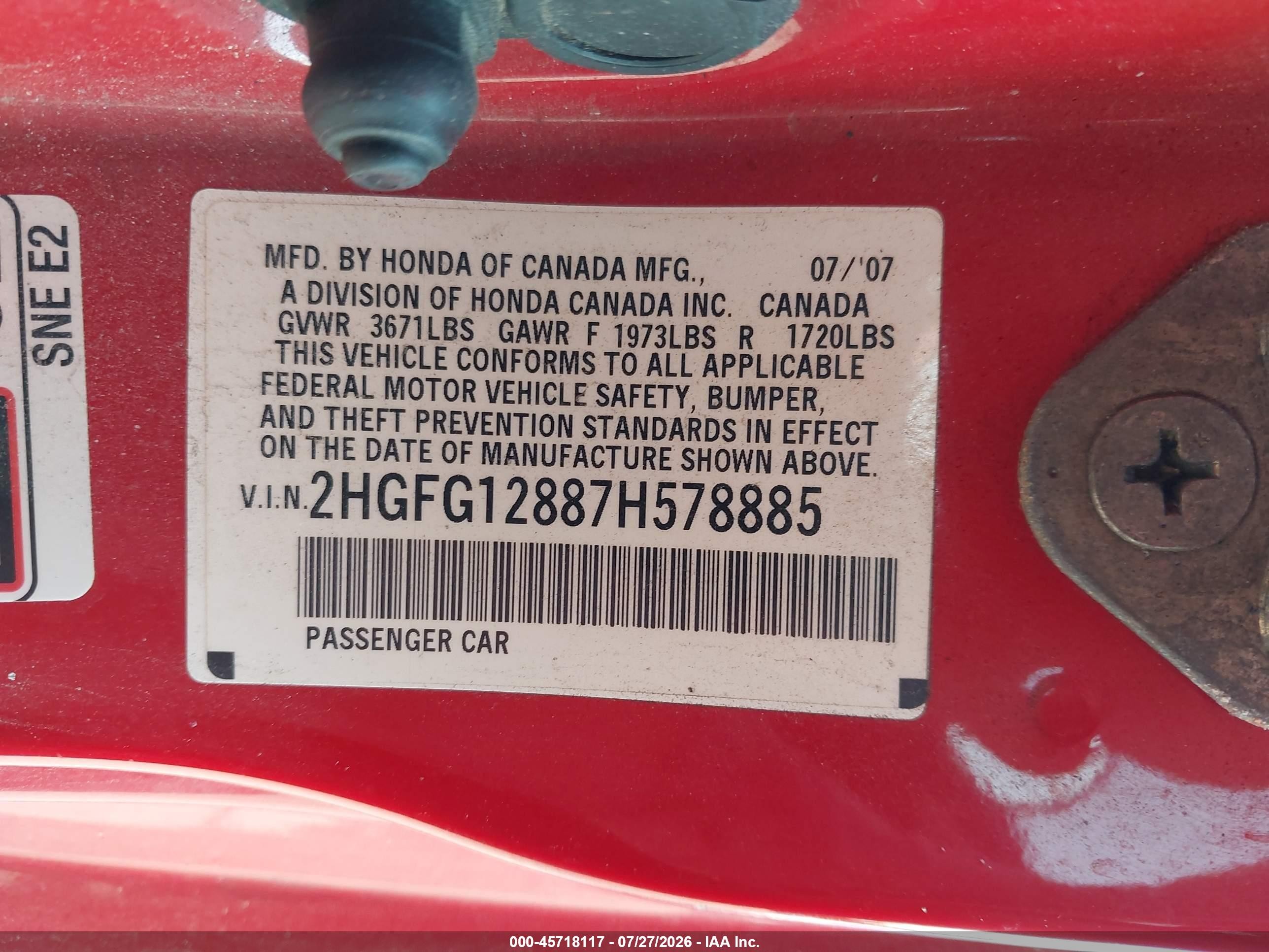 2007 Honda Civic Ex Красный vin: 2HGFG12887H578885