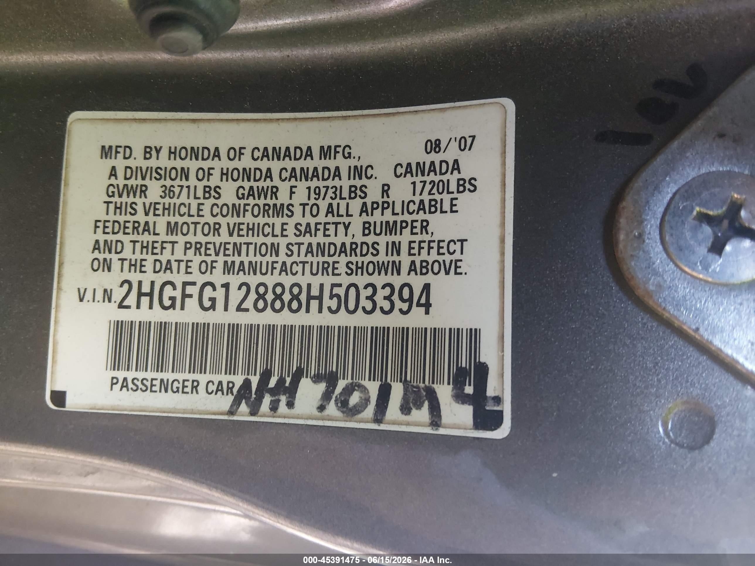 2008 Honda Civic Ex Gray vin: 2HGFG12888H503394