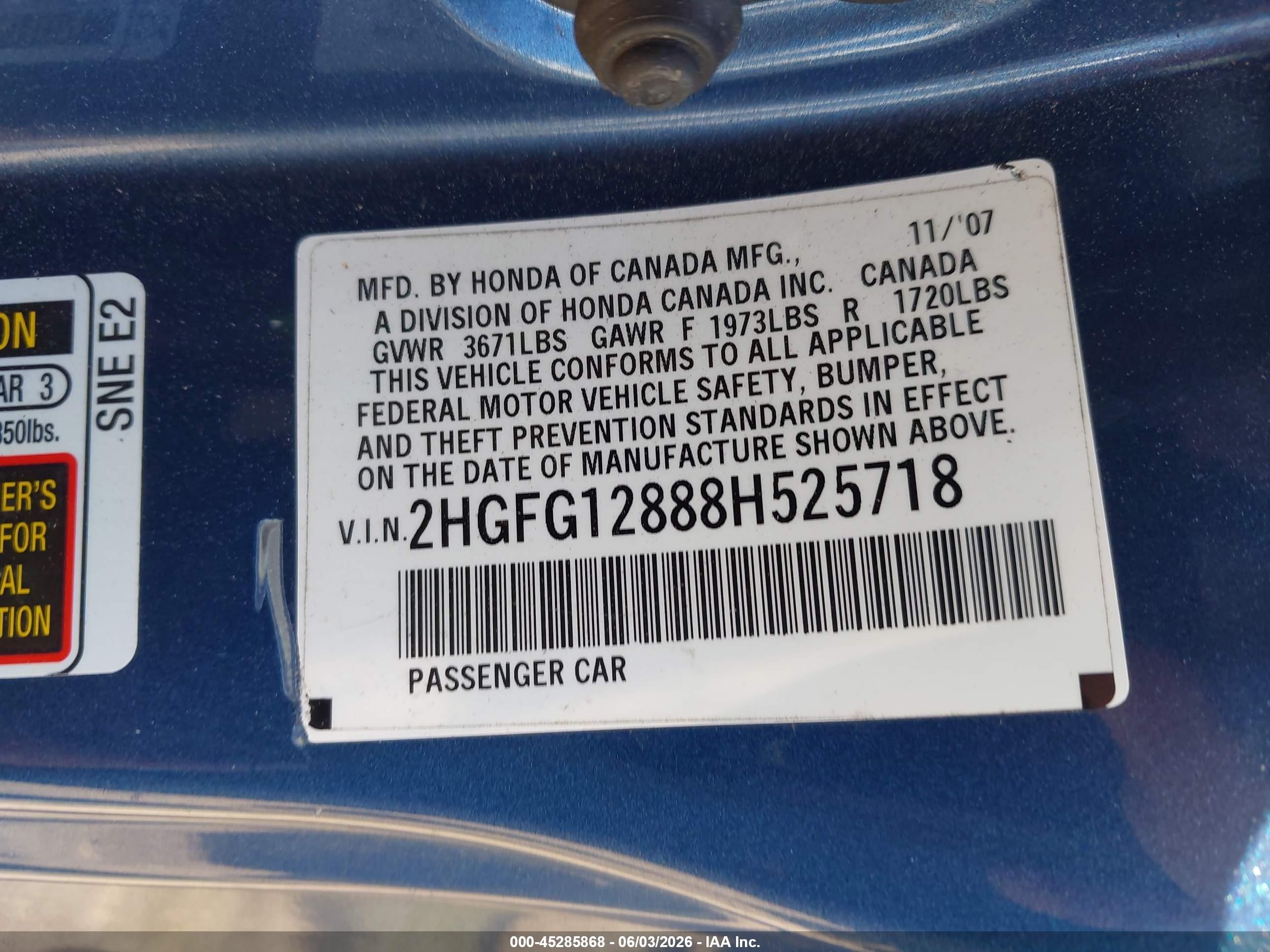 2008 Honda Civic Ex Blue vin: 2HGFG12888H525718