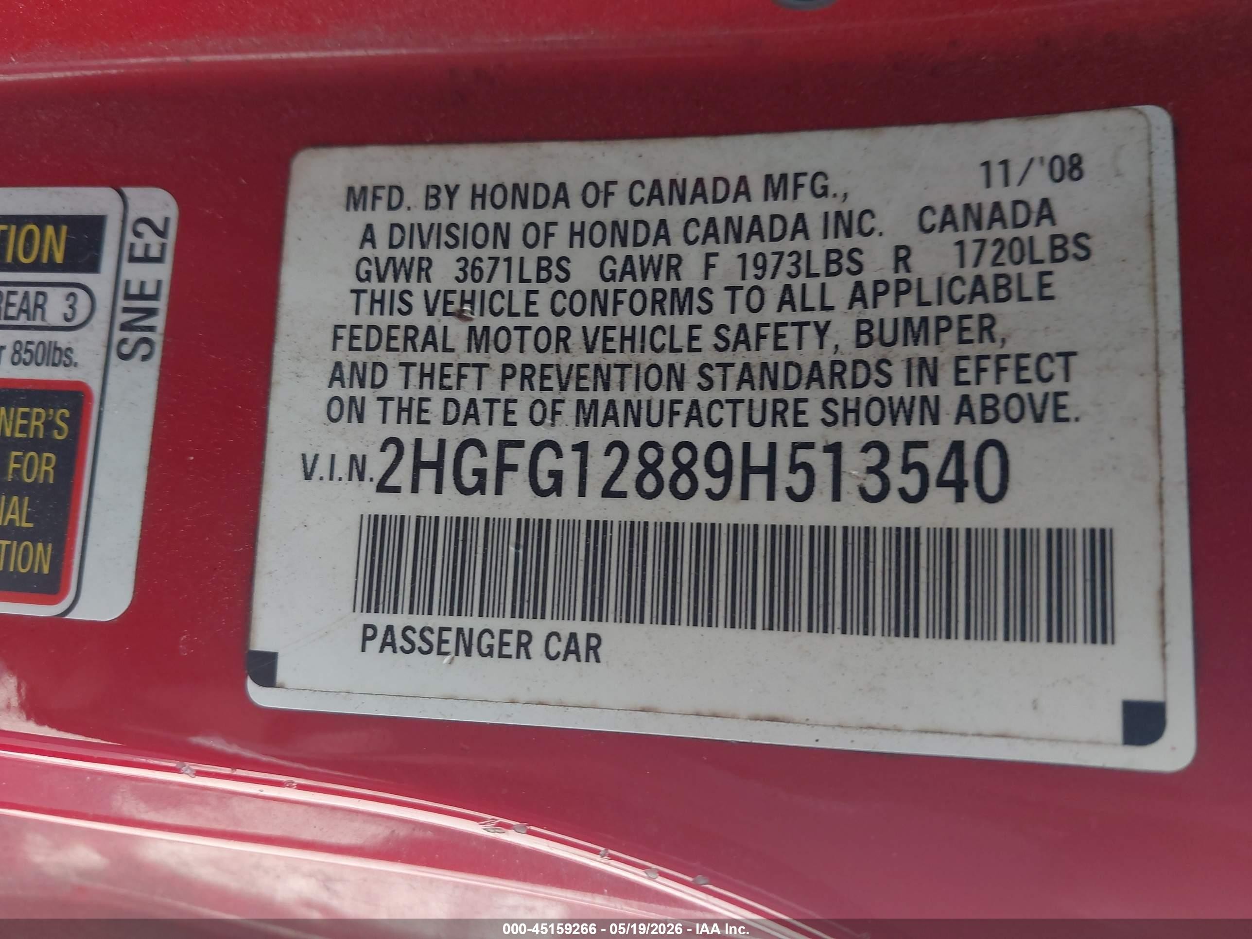 2009 Honda Civic Ex Red vin: 2HGFG12889H513540
