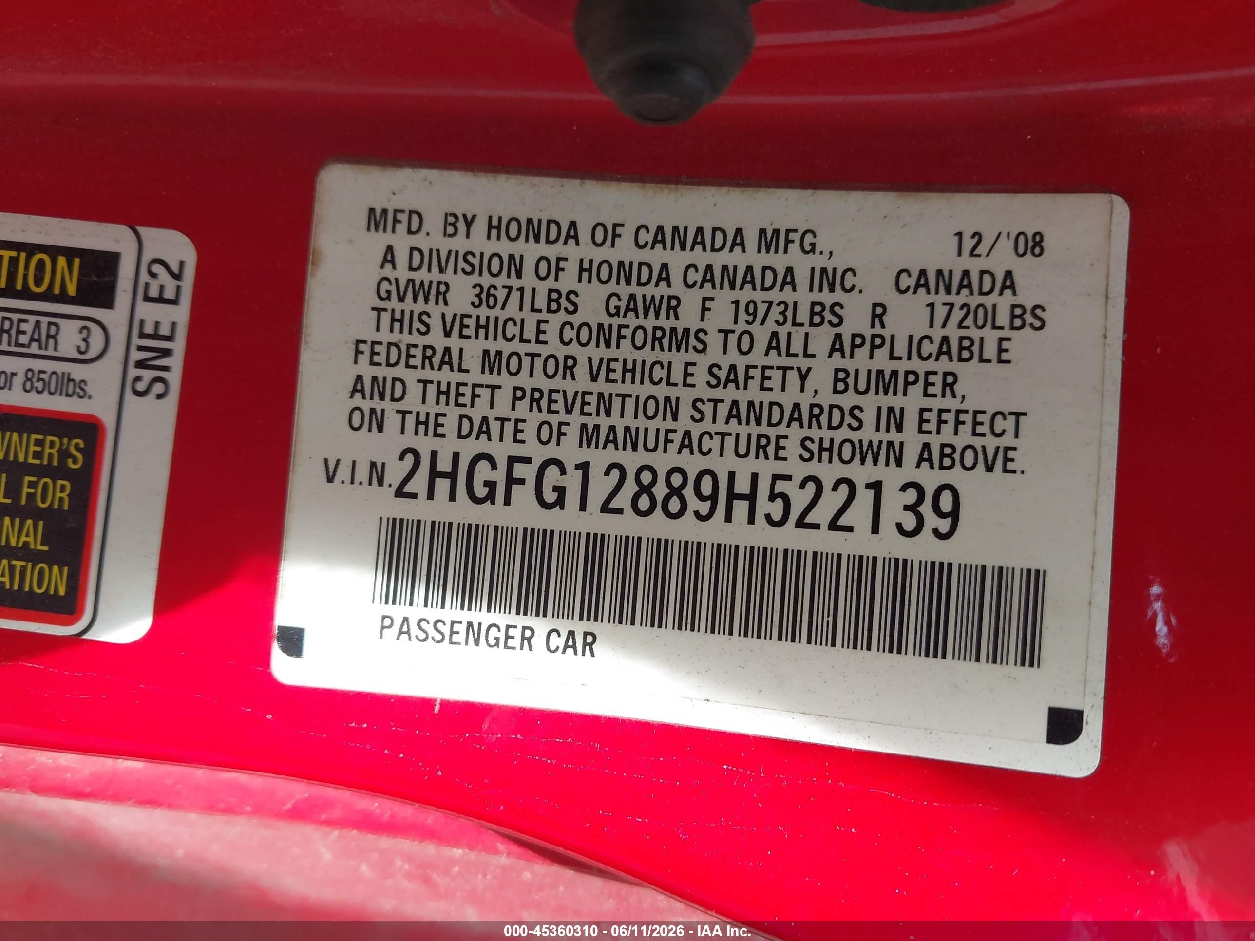 2009 Honda Civic Ex Red vin: 2HGFG12889H522139