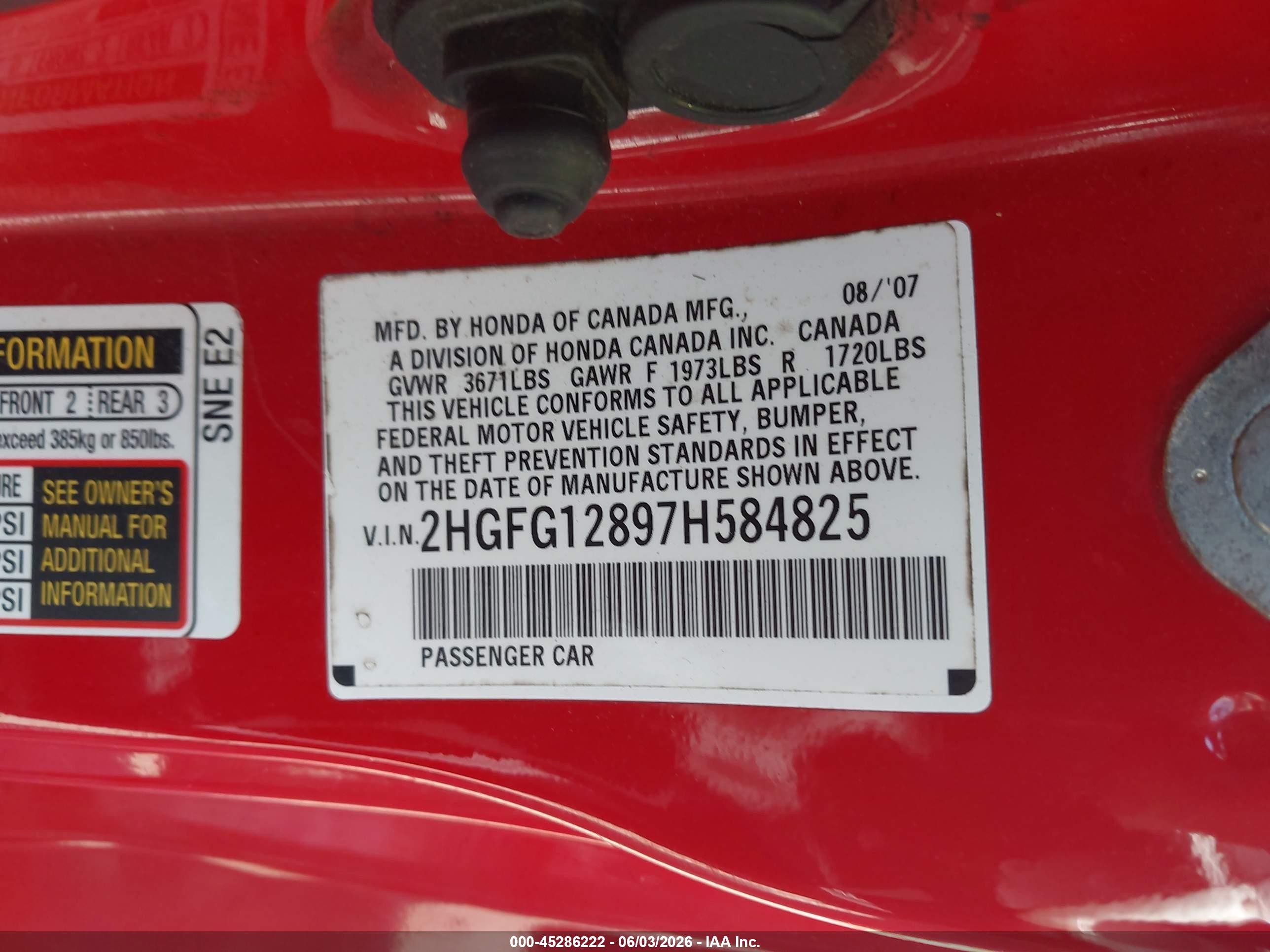 2007 Honda Civic Ex Red vin: 2HGFG12897H584825