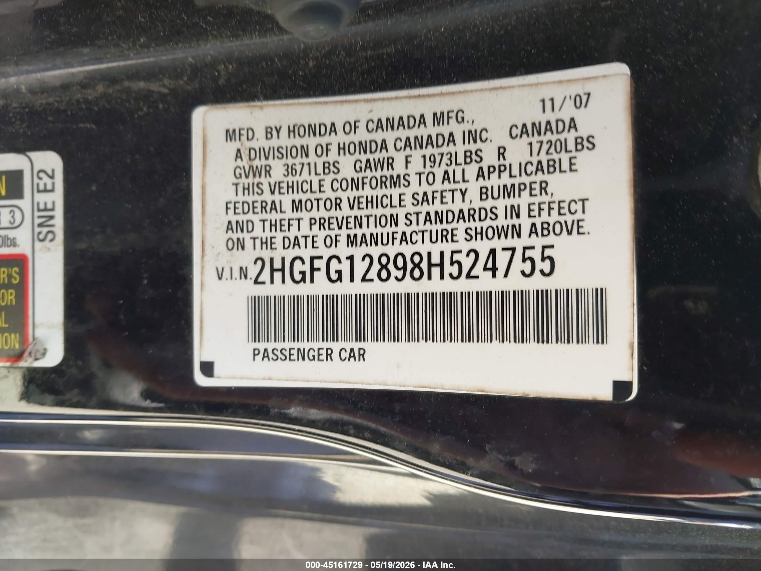 2008 Honda Civic Ex Black vin: 2HGFG12898H524755