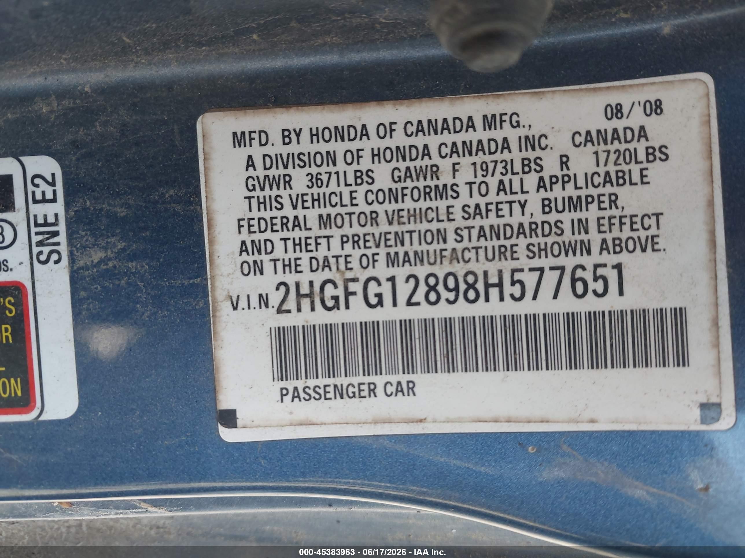 2008 Honda Civic Ex Light Blue vin: 2HGFG12898H577651