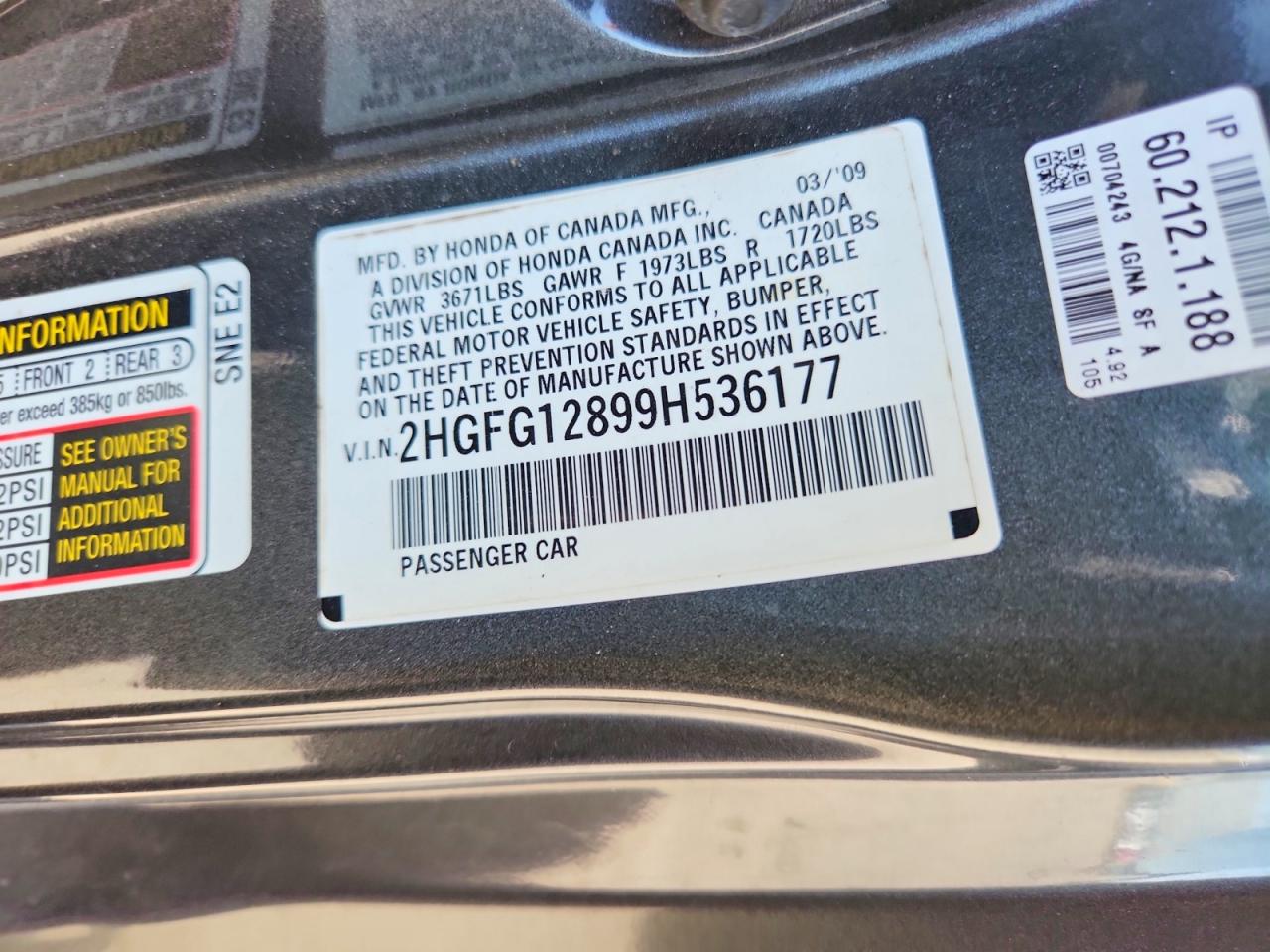 2009 Honda Civic Ex Charcoal vin: 2HGFG12899H536177