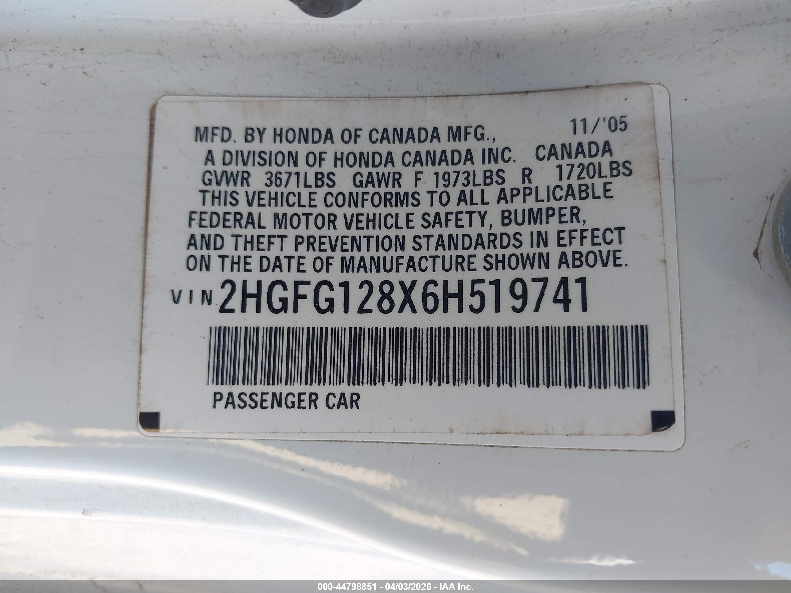 2006 Honda Civic Ex White vin: 2HGFG128X6H519741