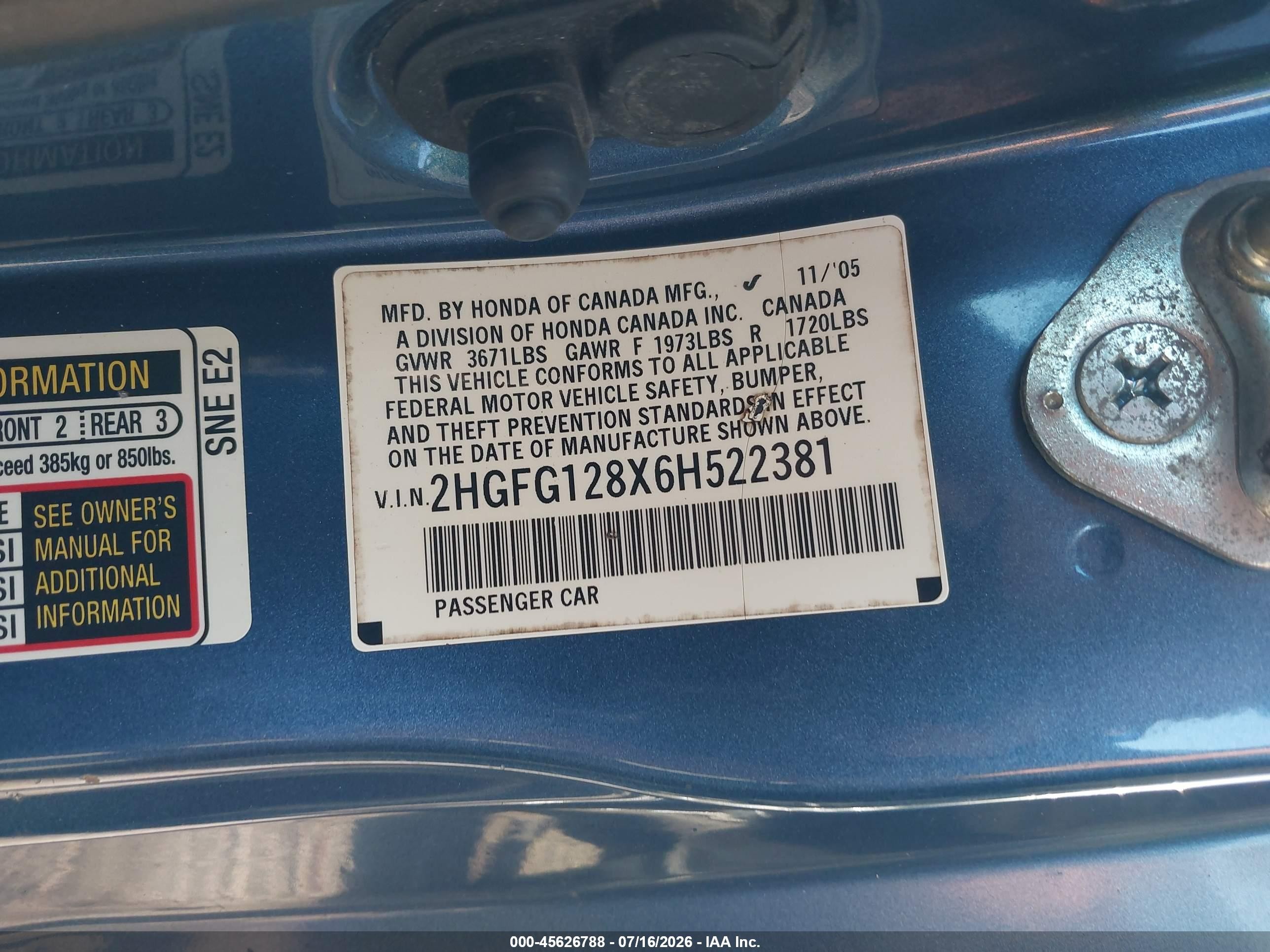 2006 Honda Civic Ex Blue vin: 2HGFG128X6H522381