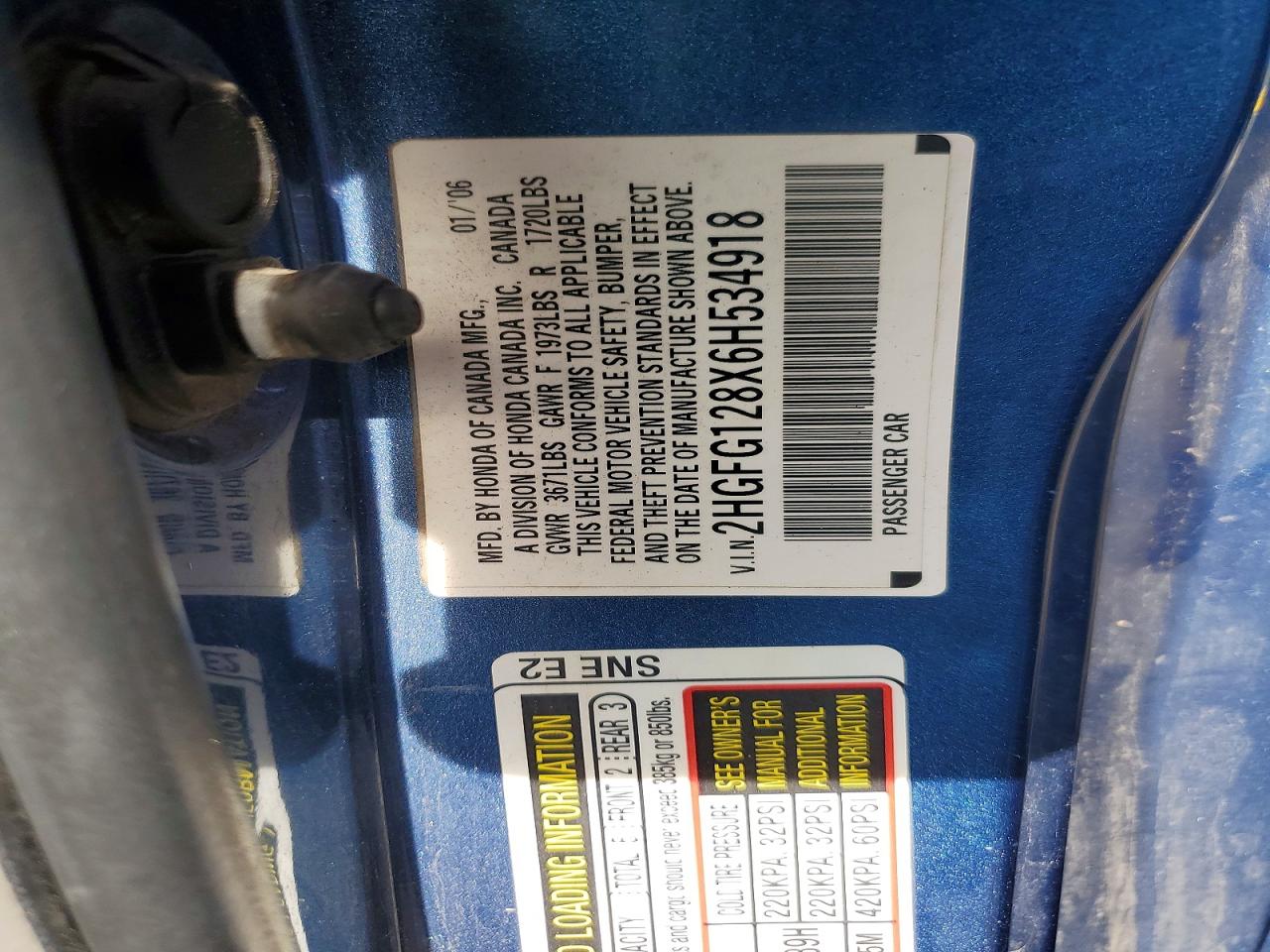 2006 Honda Civic Ex Blue vin: 2HGFG128X6H534918