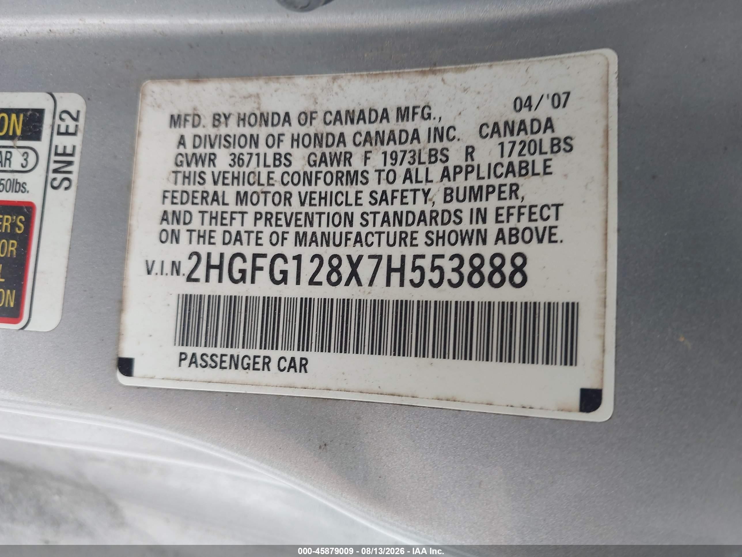 2007 Honda Civic Ex Silver vin: 2HGFG128X7H553888