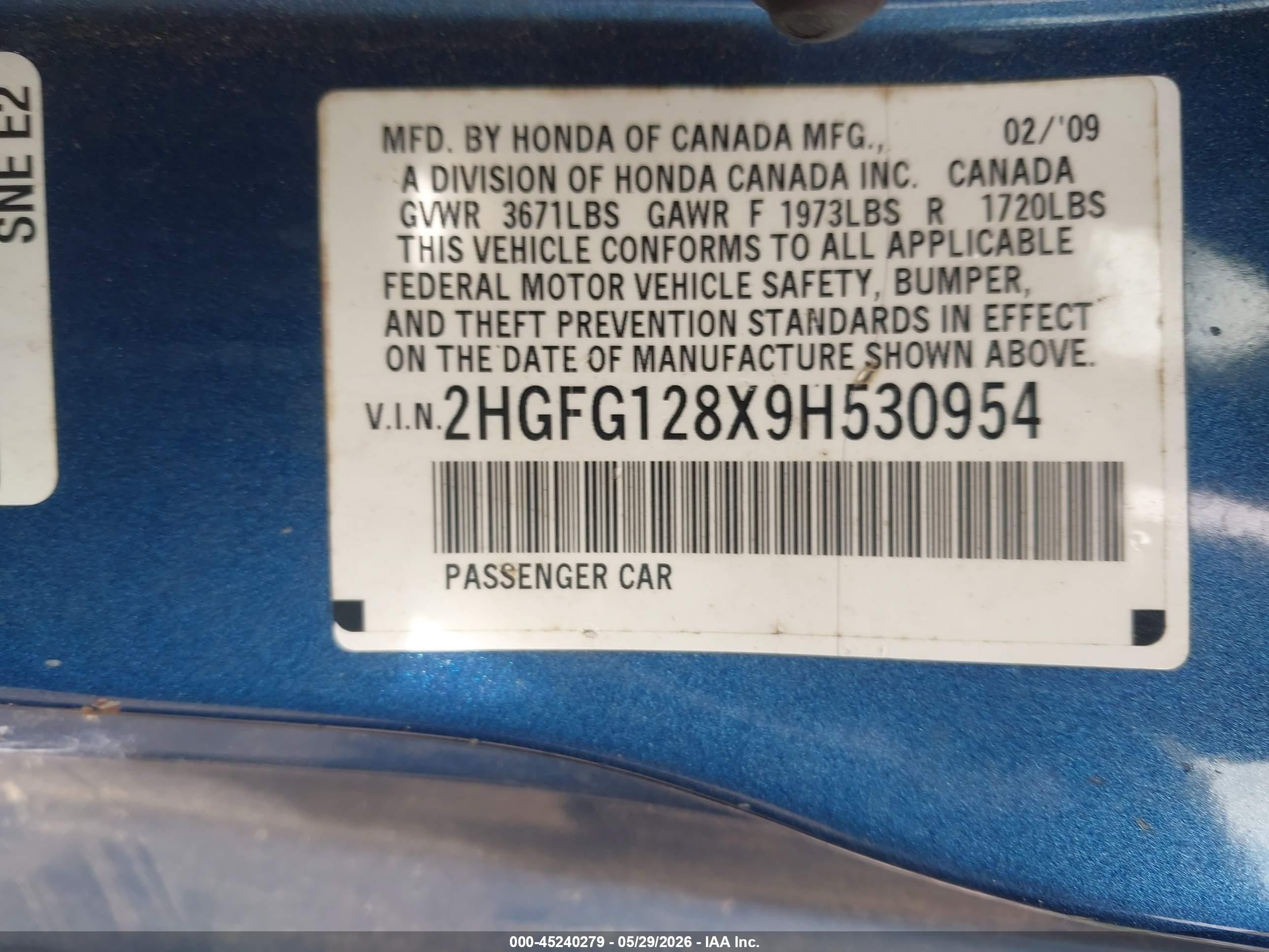 2009 Honda Civic Ex Blue vin: 2HGFG128X9H530954