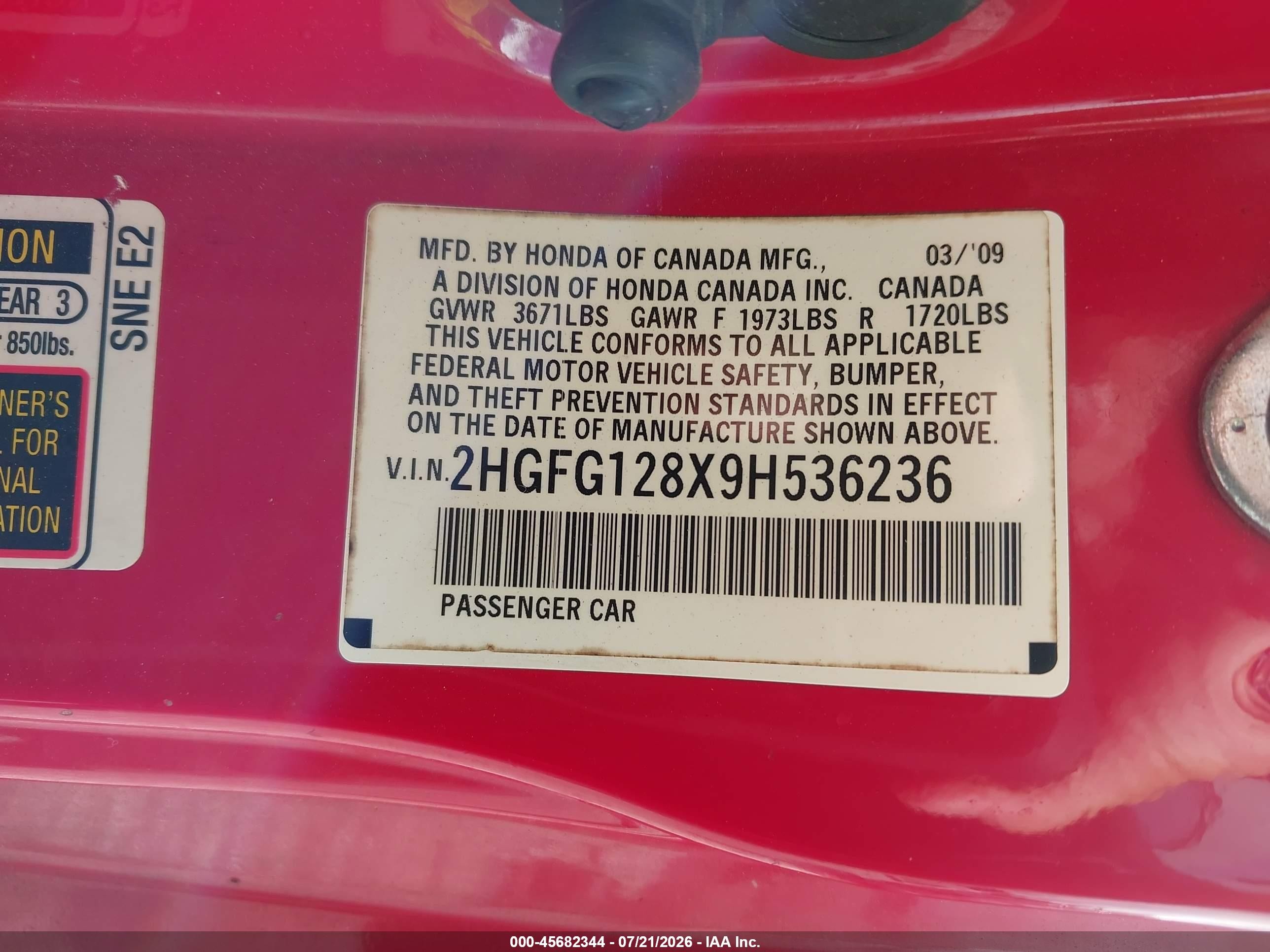 2009 Honda Civic Ex Red vin: 2HGFG128X9H536236