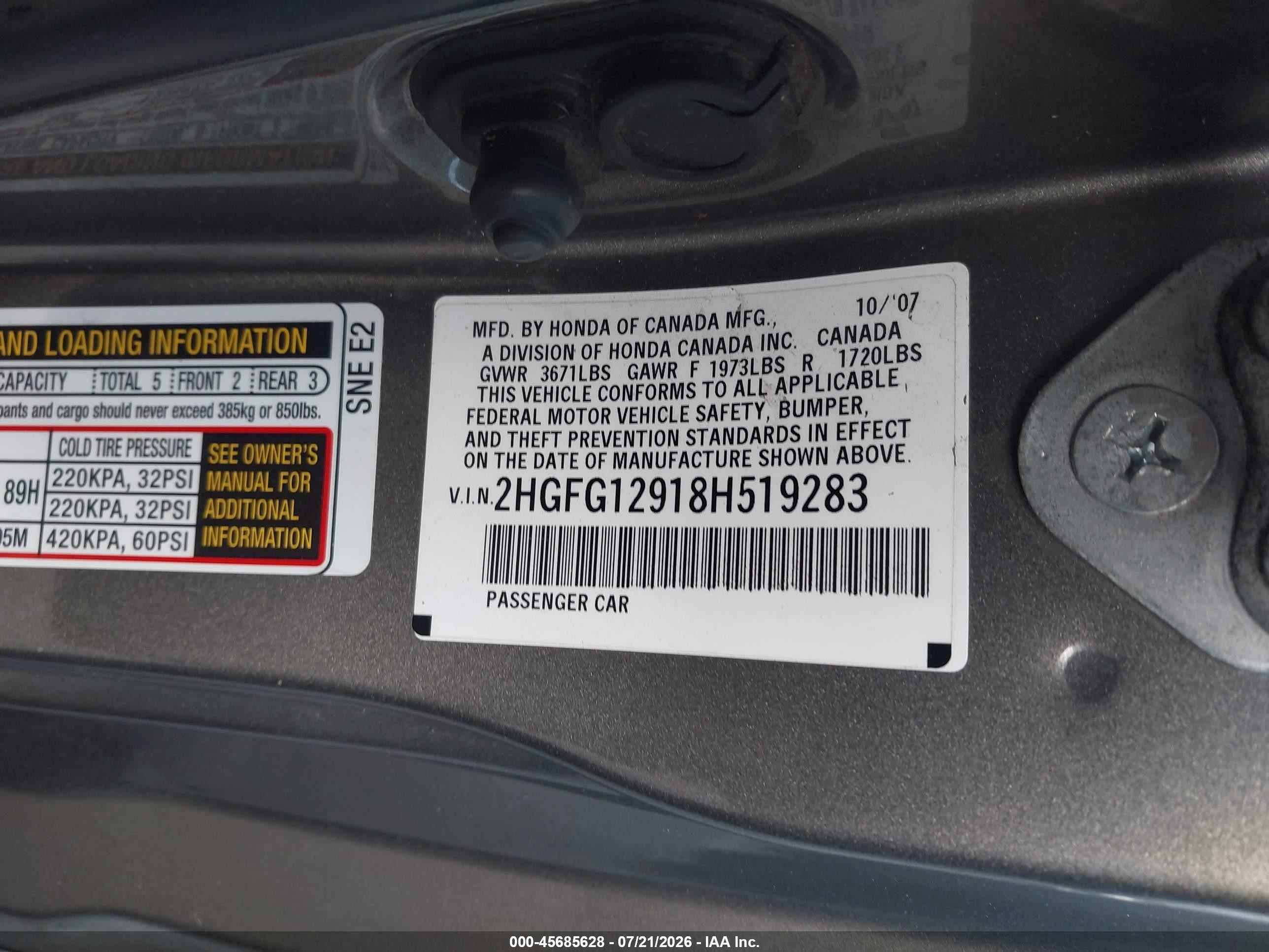 2008 Honda Civic Ex-l Gray vin: 2HGFG12918H519283