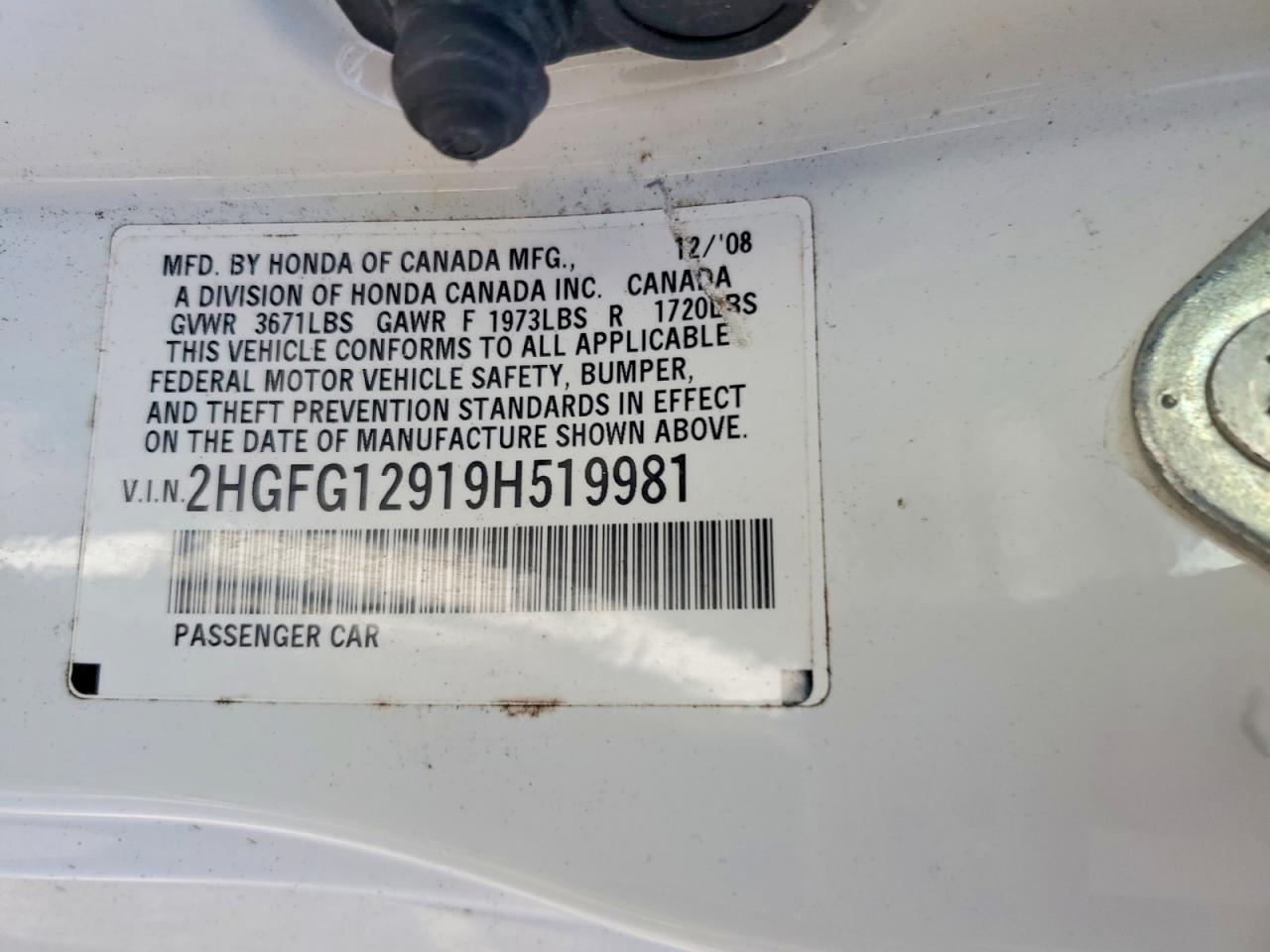 2009 Honda Civic Exl White vin: 2HGFG12919H519981