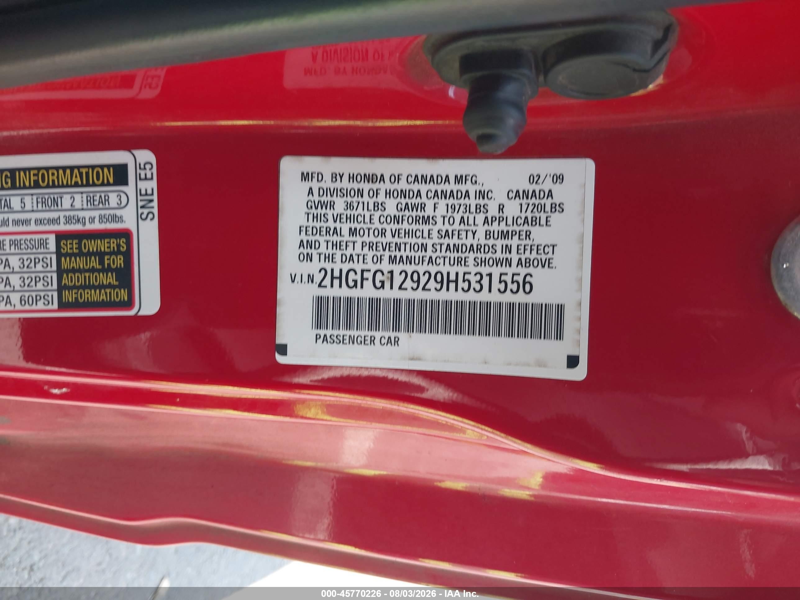 2009 Honda Civic Ex-l Red vin: 2HGFG12929H531556