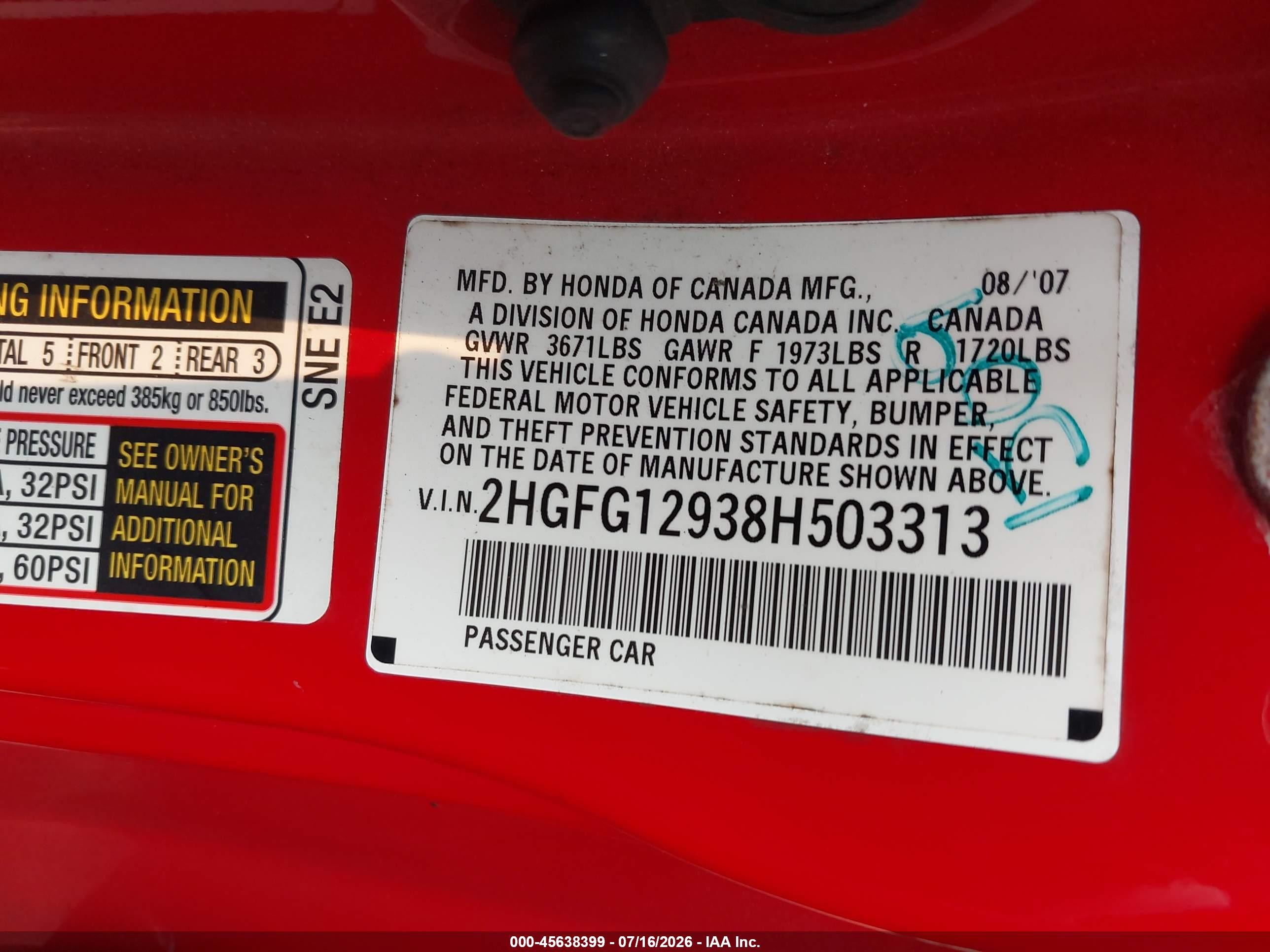 2008 Honda Civic Ex-l Red vin: 2HGFG12938H503313