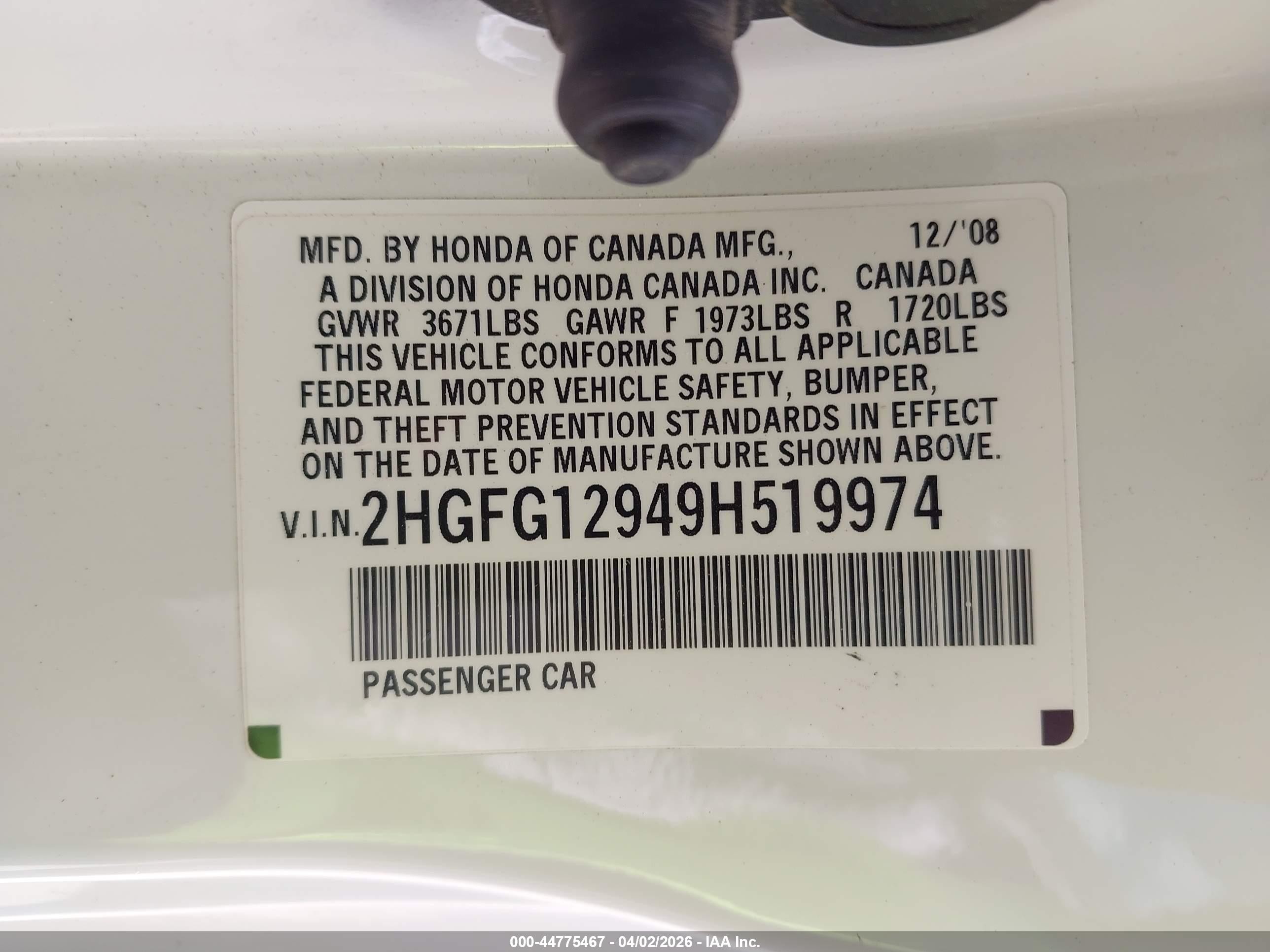2009 Honda Civic Ex-l White vin: 2HGFG12949H519974