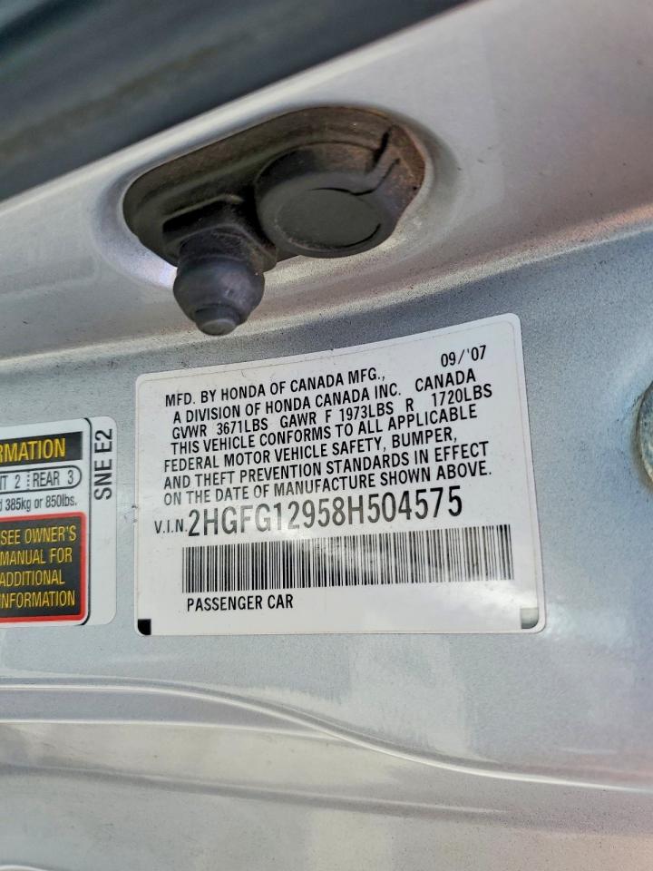 2008 Honda Civic Dx 2d Coupe Silver vin: 2HGFG12958H504575