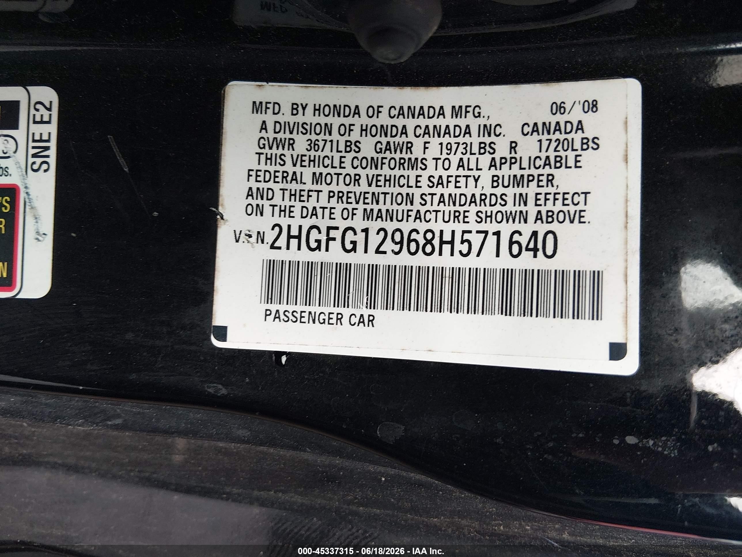 2008 Honda Civic Ex-l Black vin: 2HGFG12968H571640