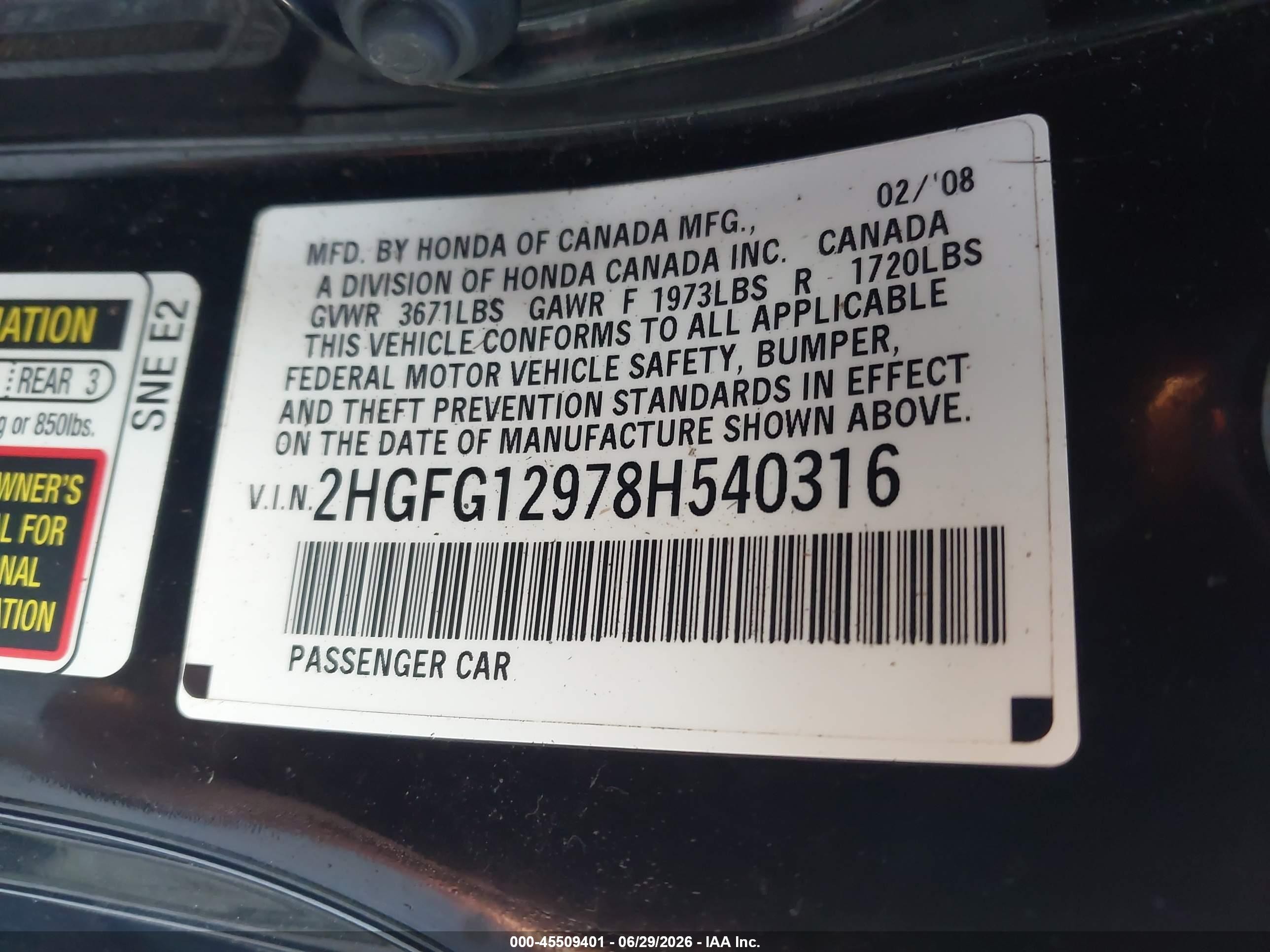 2008 Honda Civic Ex-l Black vin: 2HGFG12978H540316