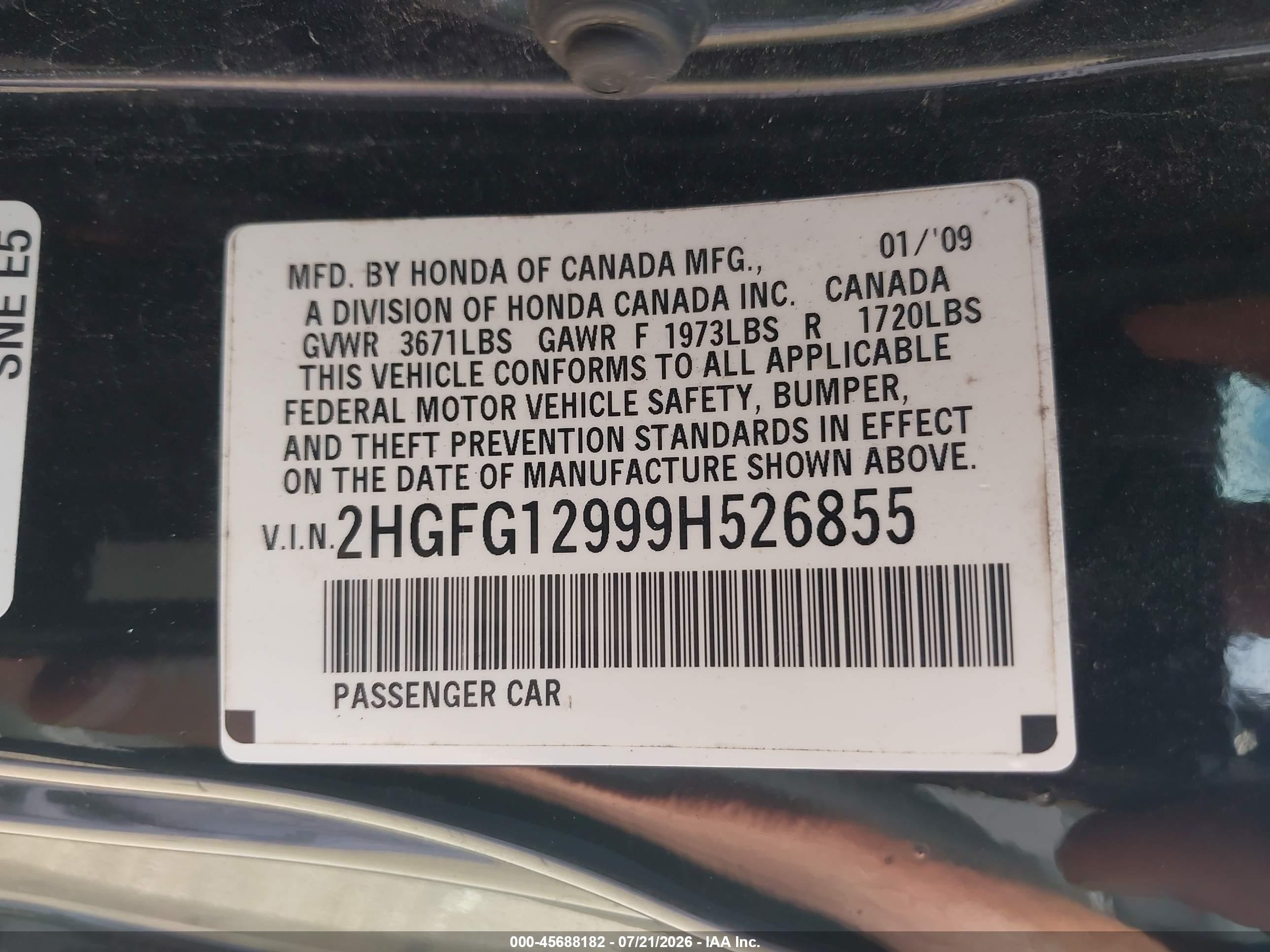 2009 Honda Civic Ex-l Black vin: 2HGFG12999H526855