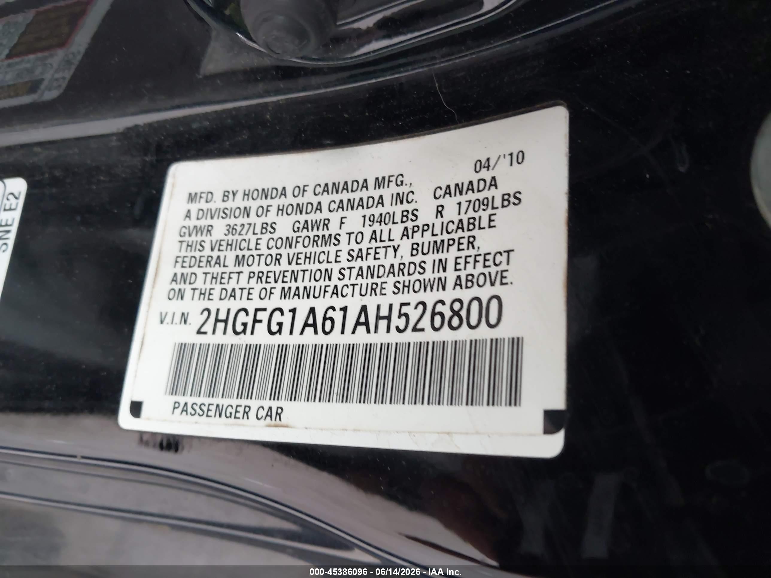 2010 Honda Civic Lx Black vin: 2HGFG1A61AH526800