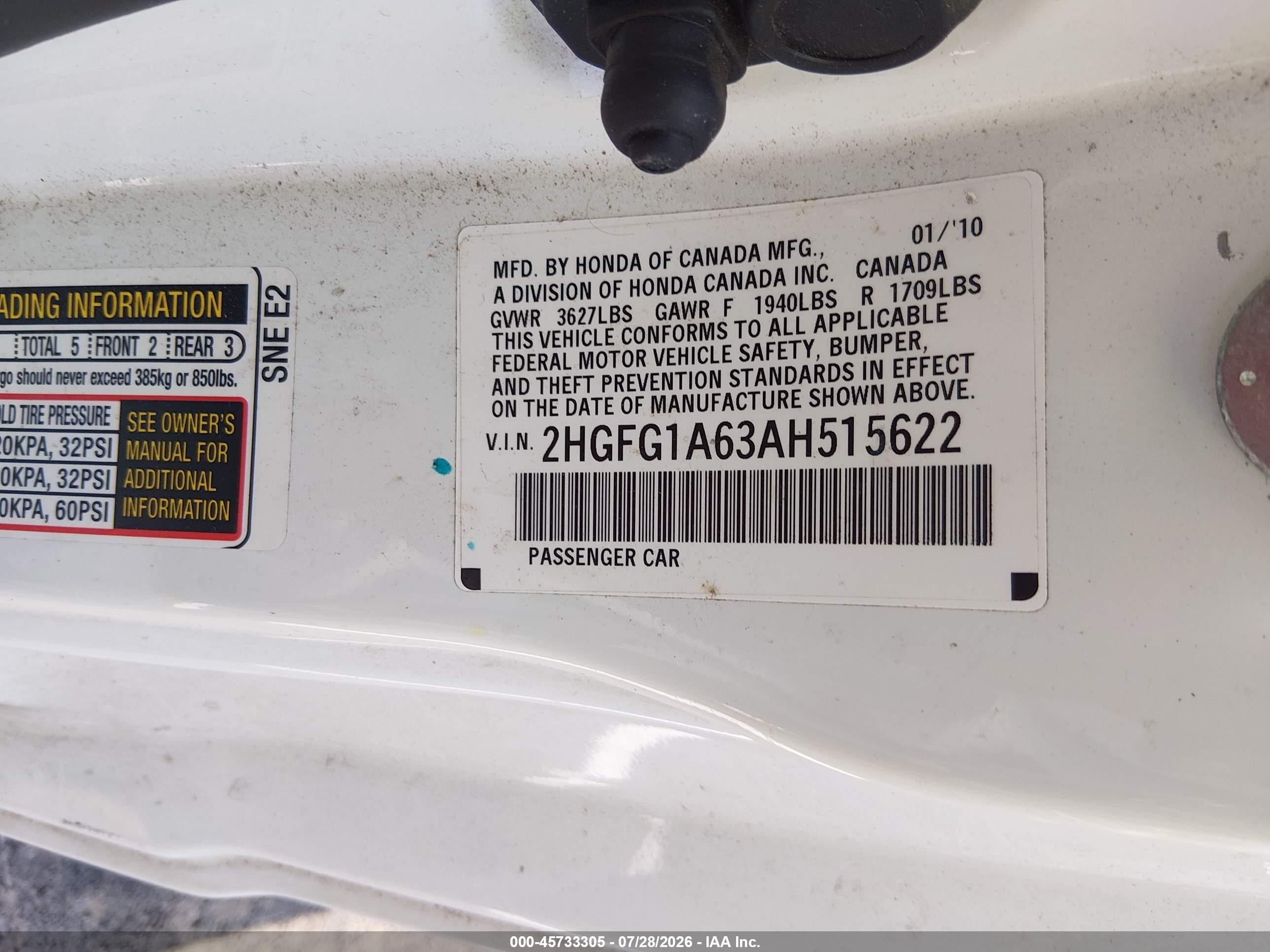 2010 Honda Civic Lx White vin: 2HGFG1A63AH515622