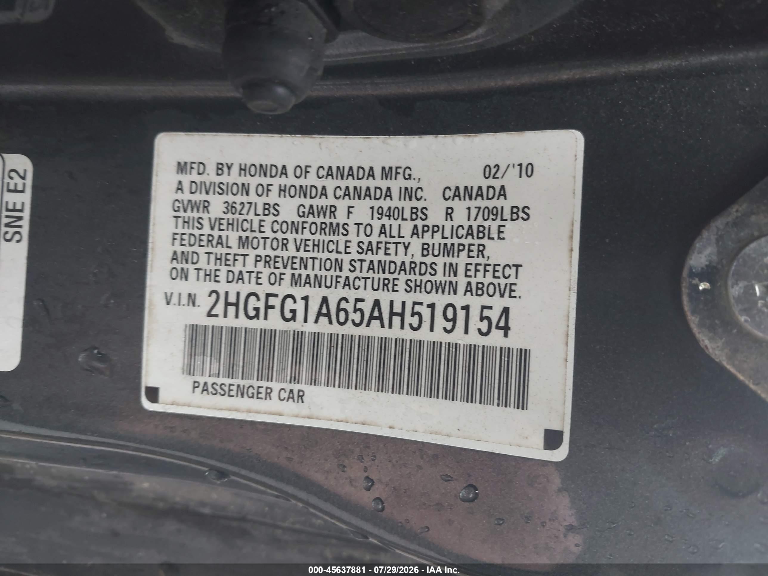 2010 Honda Civic Lx Gray vin: 2HGFG1A65AH519154