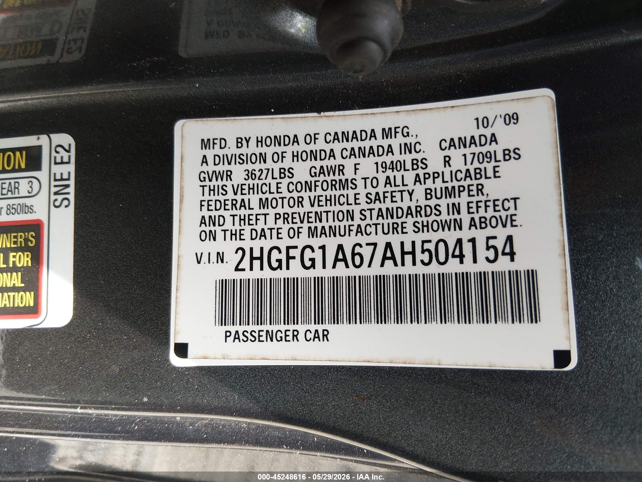 2010 Honda Civic Lx Gray vin: 2HGFG1A67AH504154