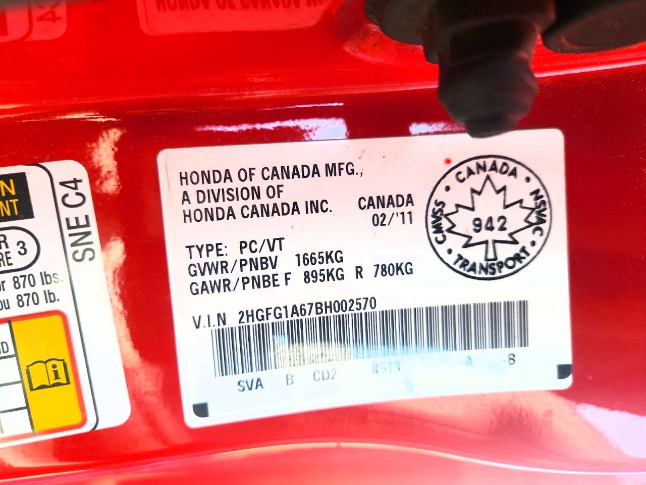 2011 Honda Civic Lx Red vin: 2HGFG1A67BH002570