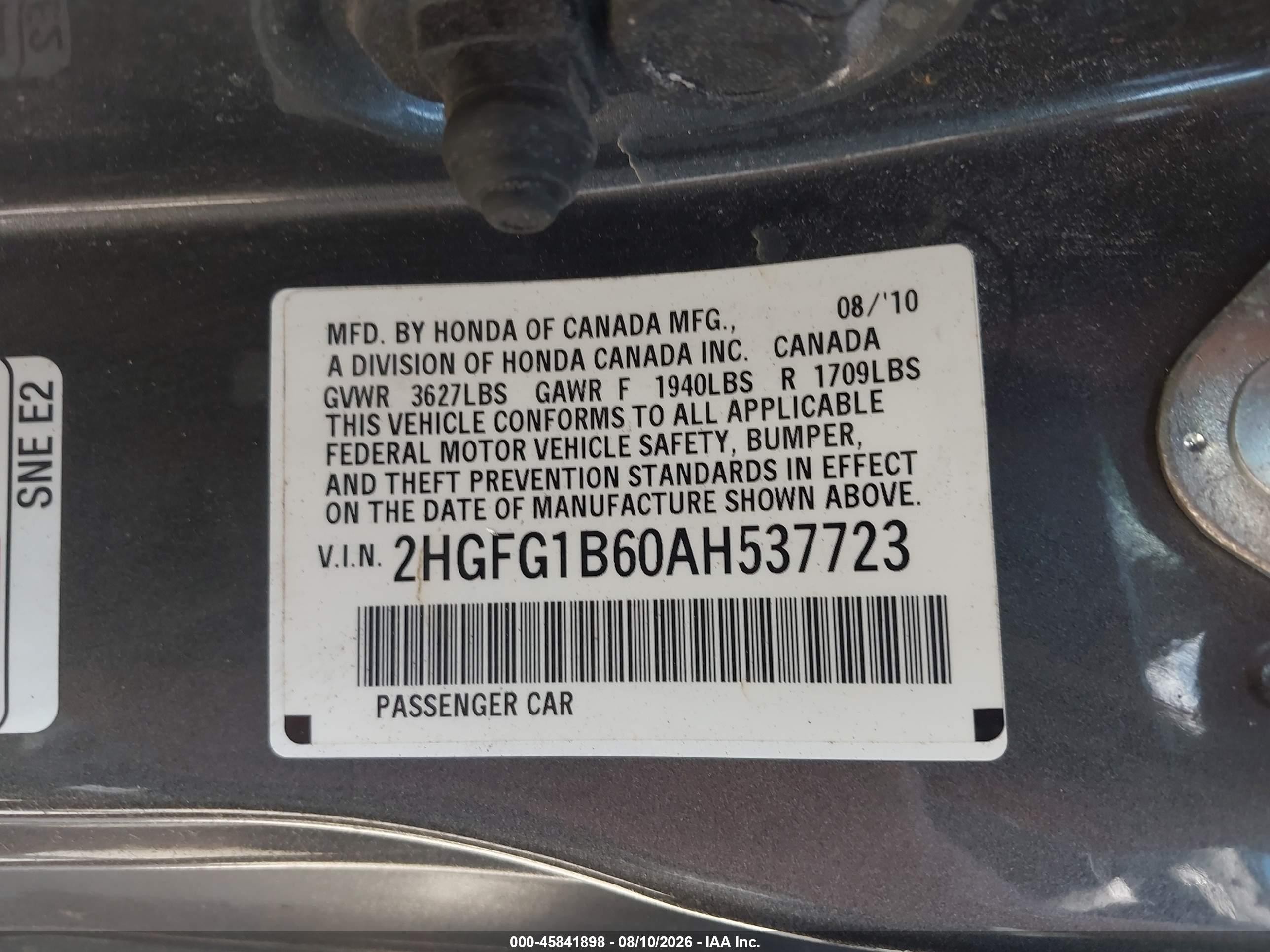 2010 Honda Civic Lx Gray vin: 2HGFG1B60AH537723