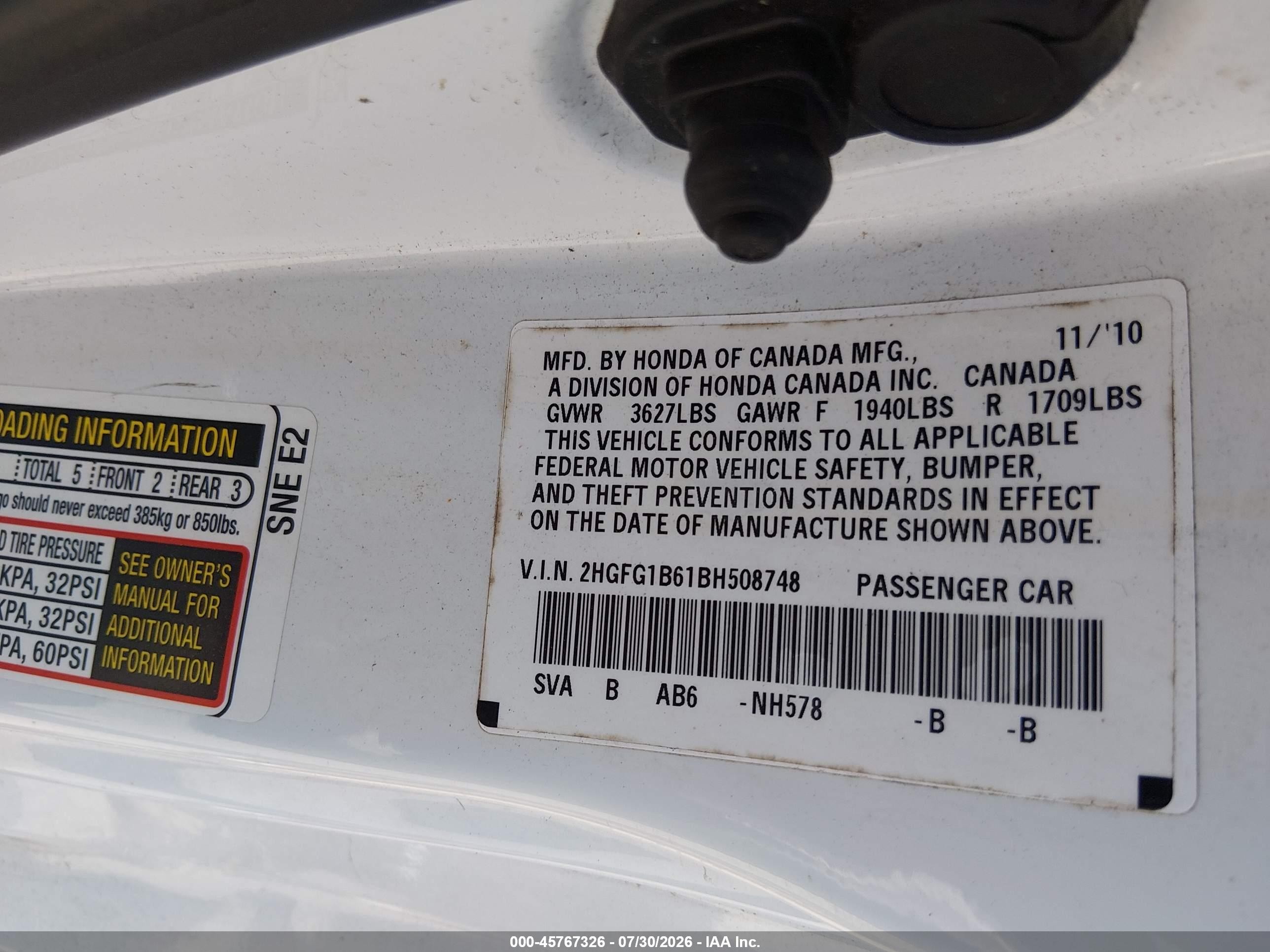 2011 Honda Civic Lx White vin: 2HGFG1B61BH508748