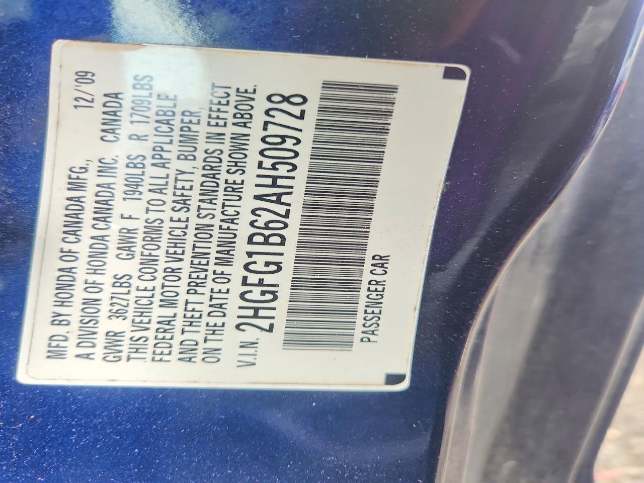 2010 Honda Civic Lx Blue vin: 2HGFG1B62AH509728