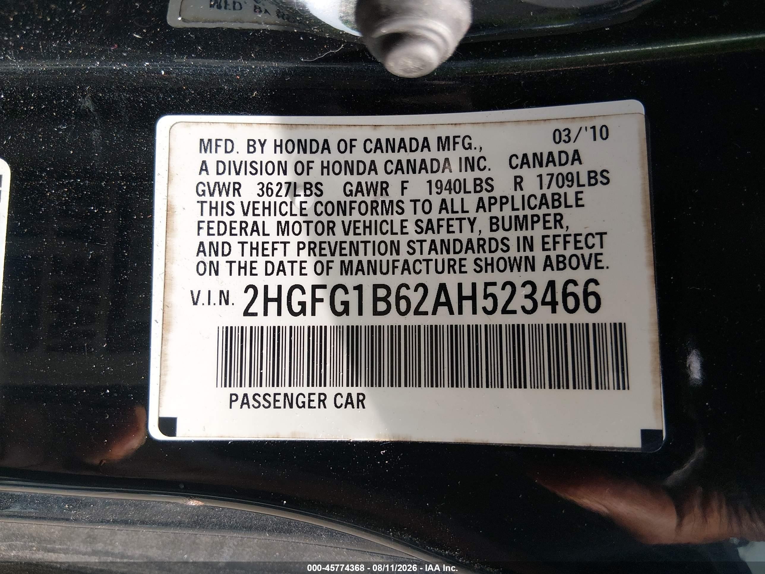 2010 Honda Civic Lx Black vin: 2HGFG1B62AH523466