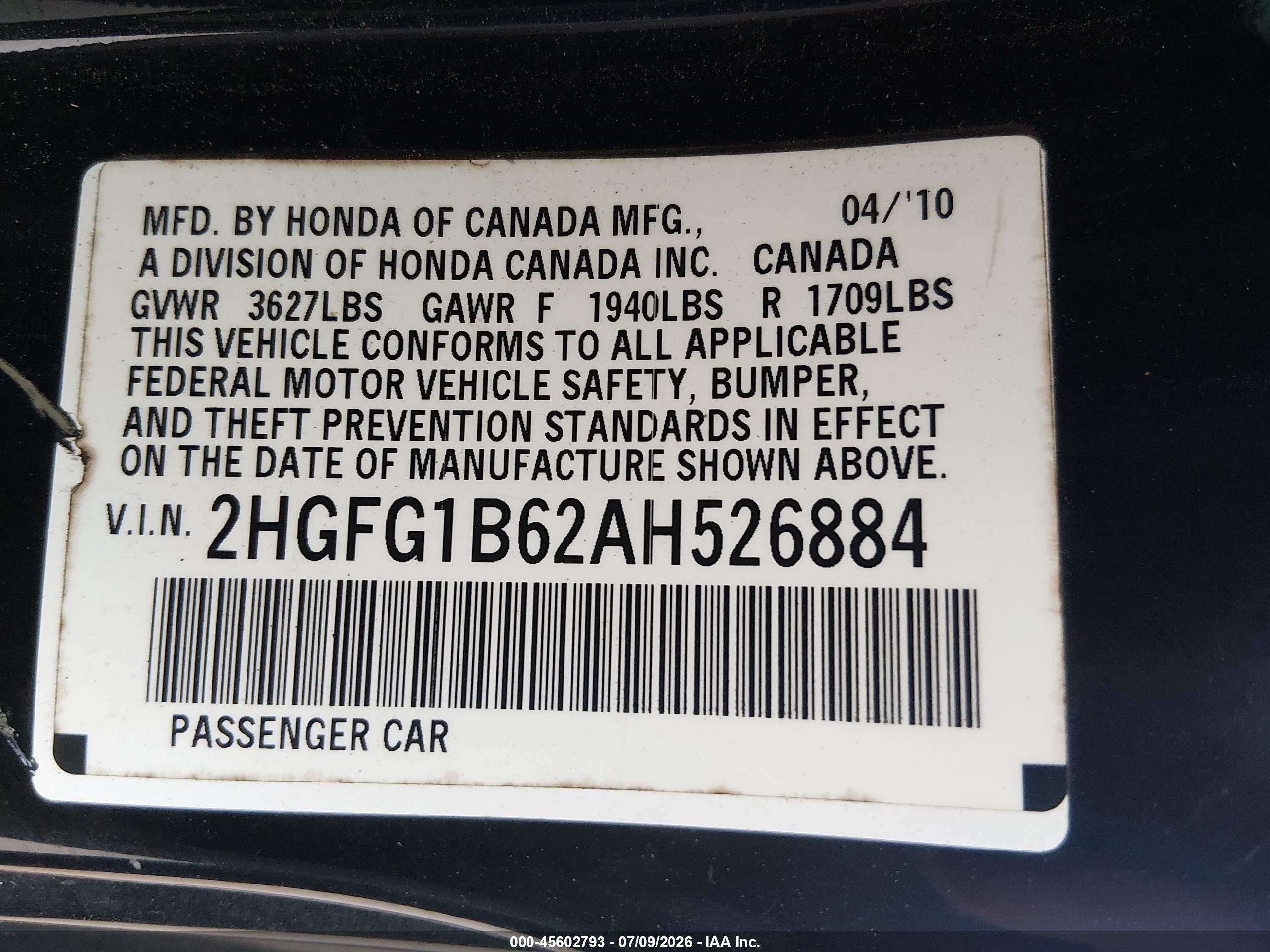 2010 Honda Civic Lx Black vin: 2HGFG1B62AH526884