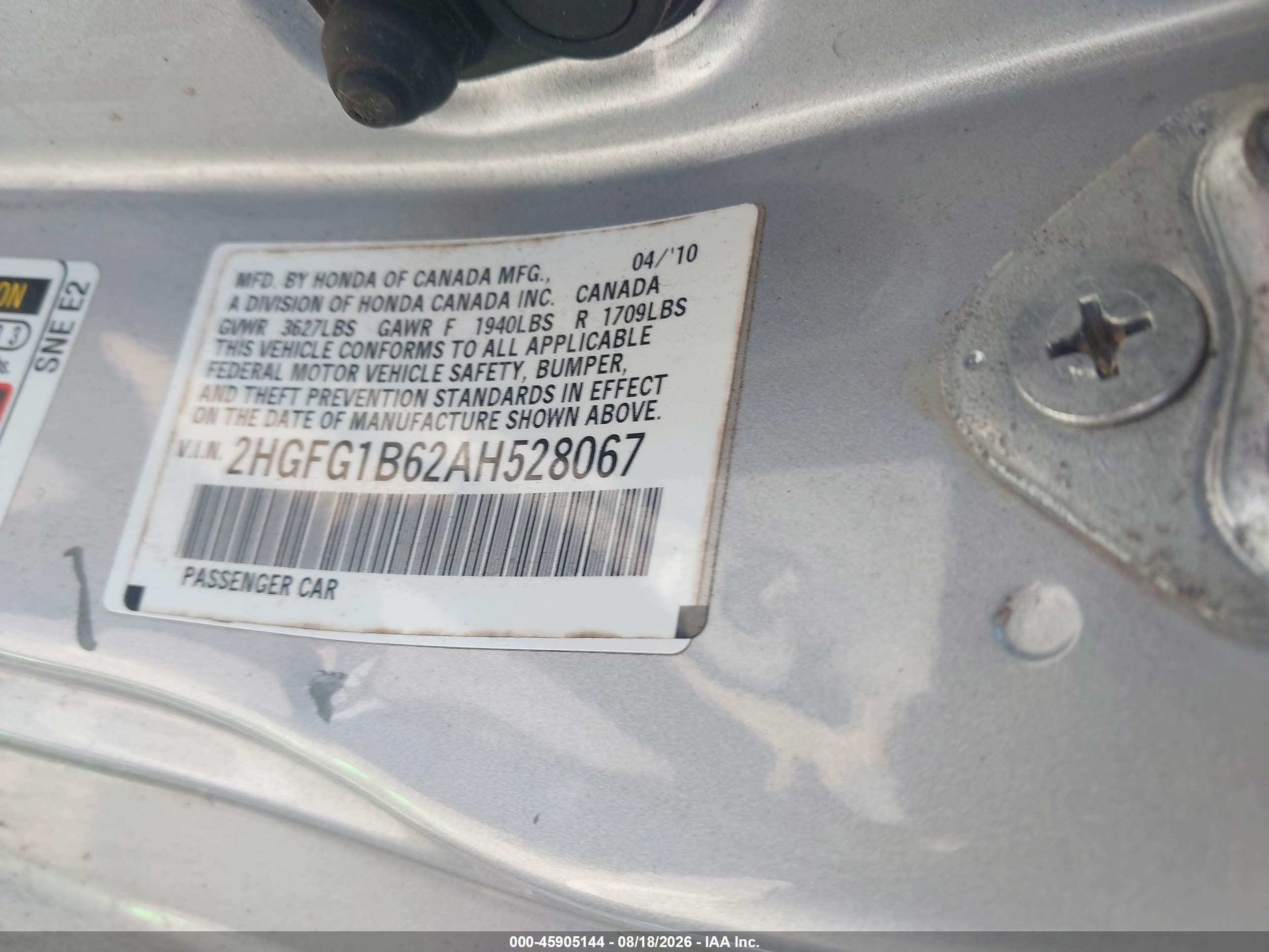 2010 Honda Civic Lx Silver vin: 2HGFG1B62AH528067