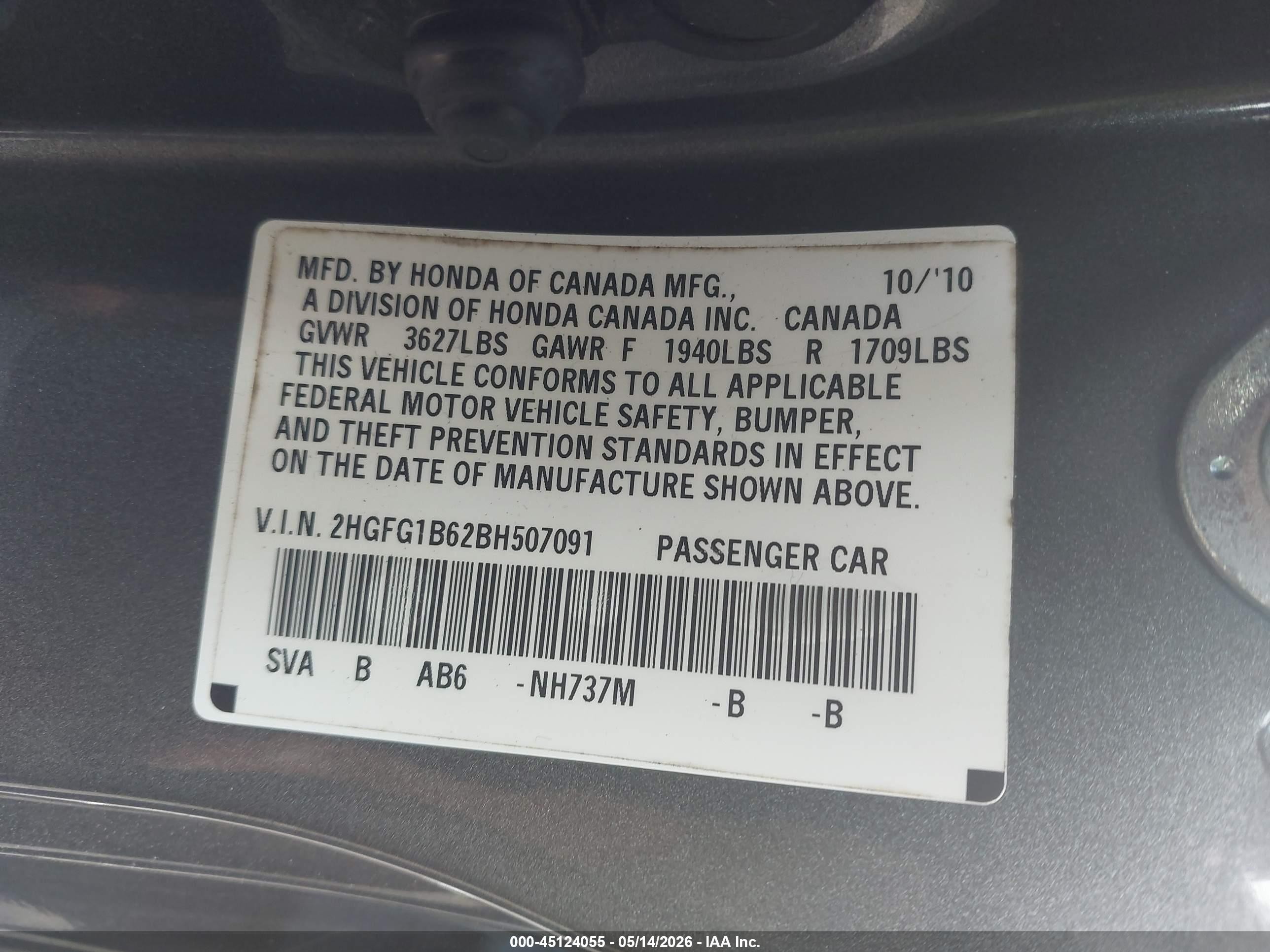 2011 Honda Civic Lx Gray vin: 2HGFG1B62BH507091