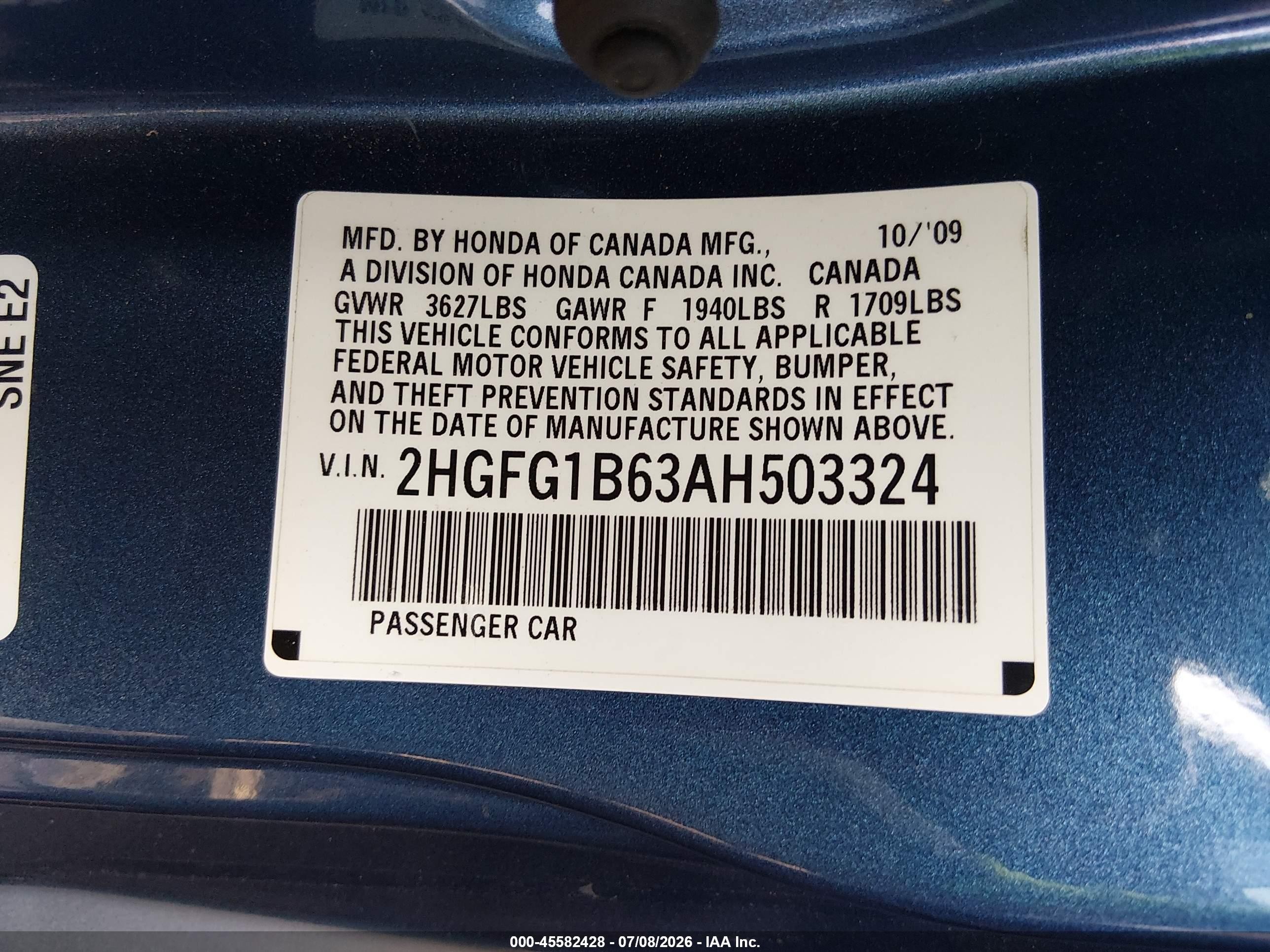 2010 Honda Civic Lx Blue vin: 2HGFG1B63AH503324