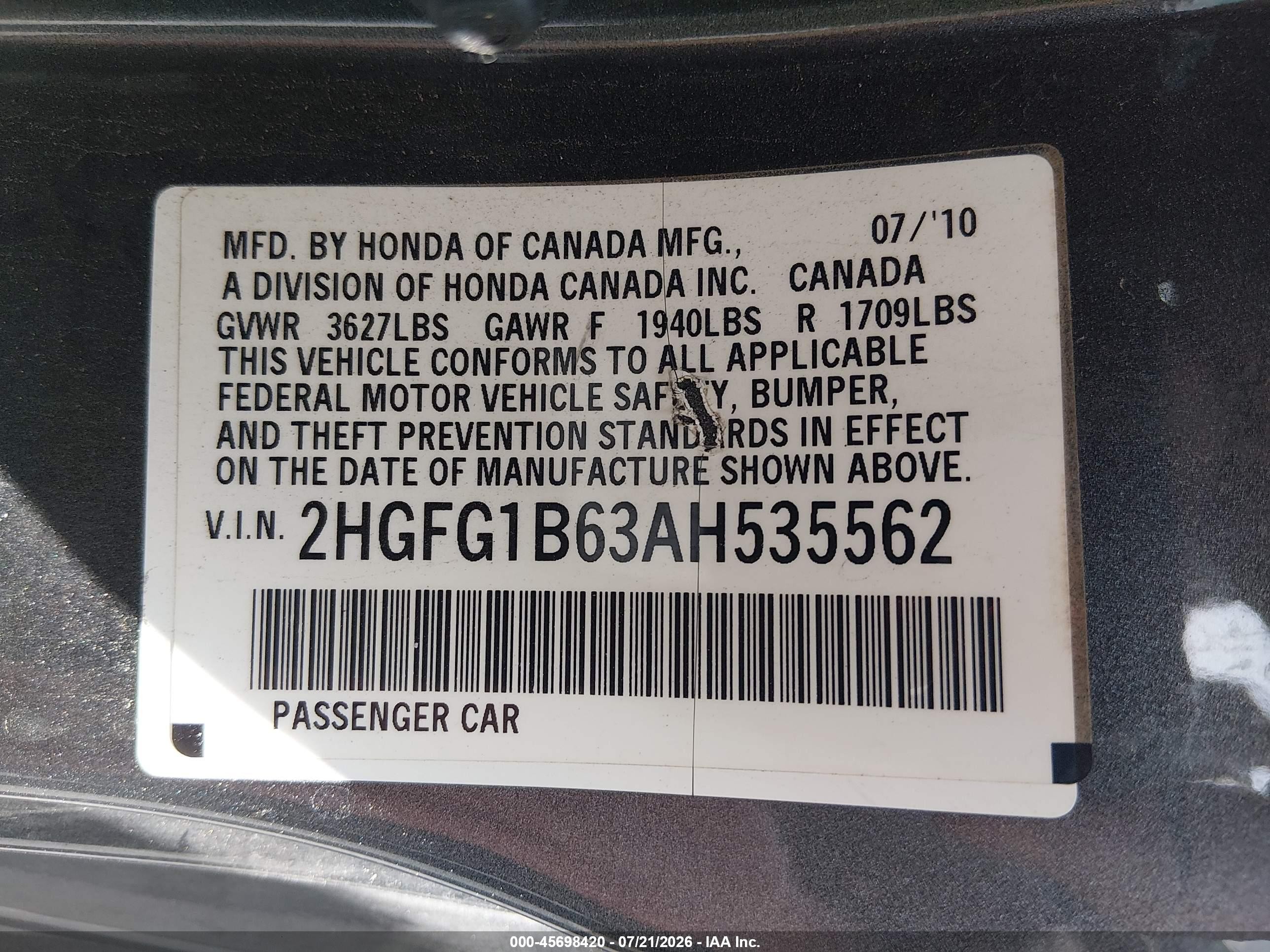 2010 Honda Civic Lx Серый vin: 2HGFG1B63AH535562