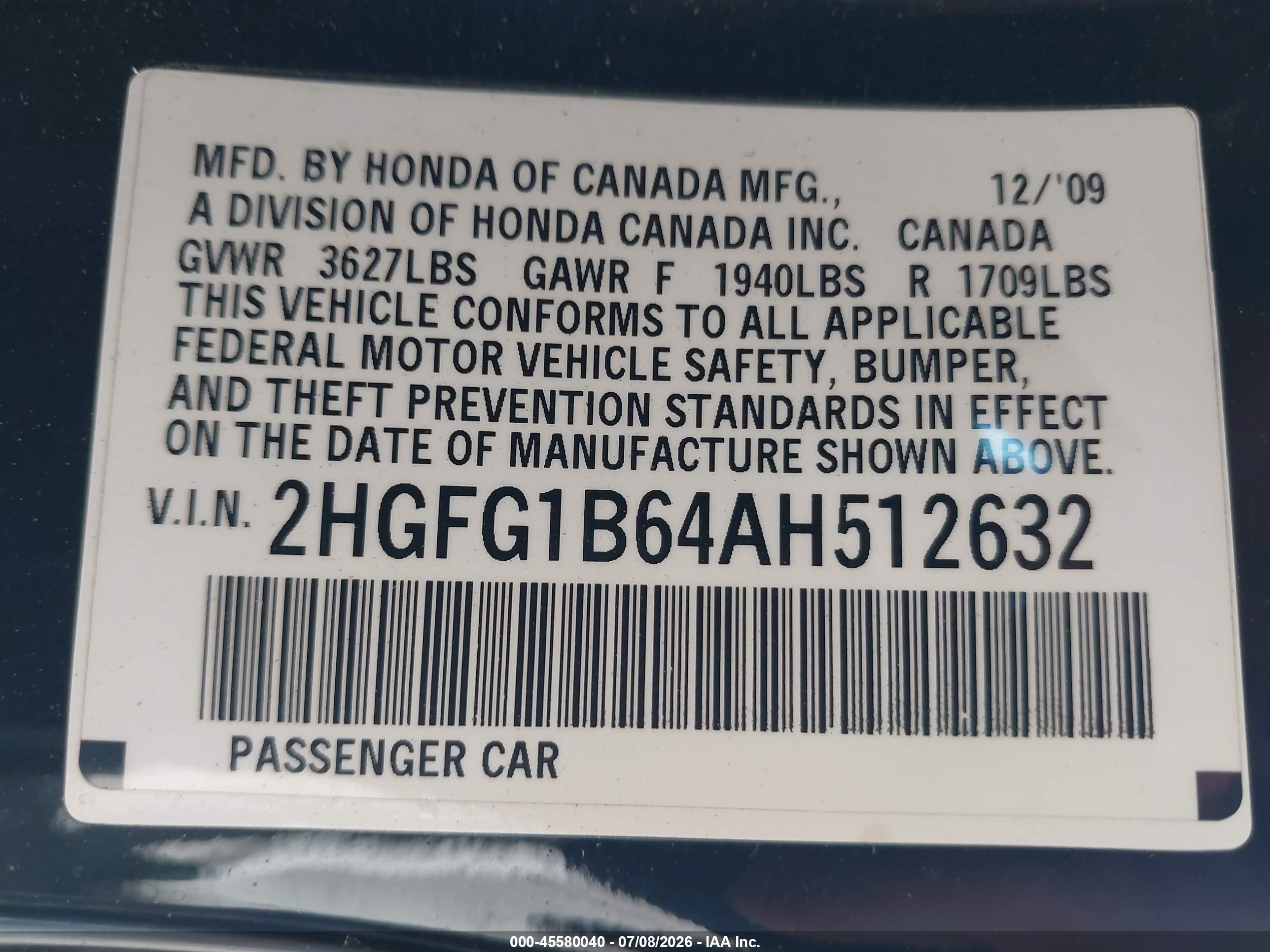 2010 Honda Civic Lx Black vin: 2HGFG1B64AH512632