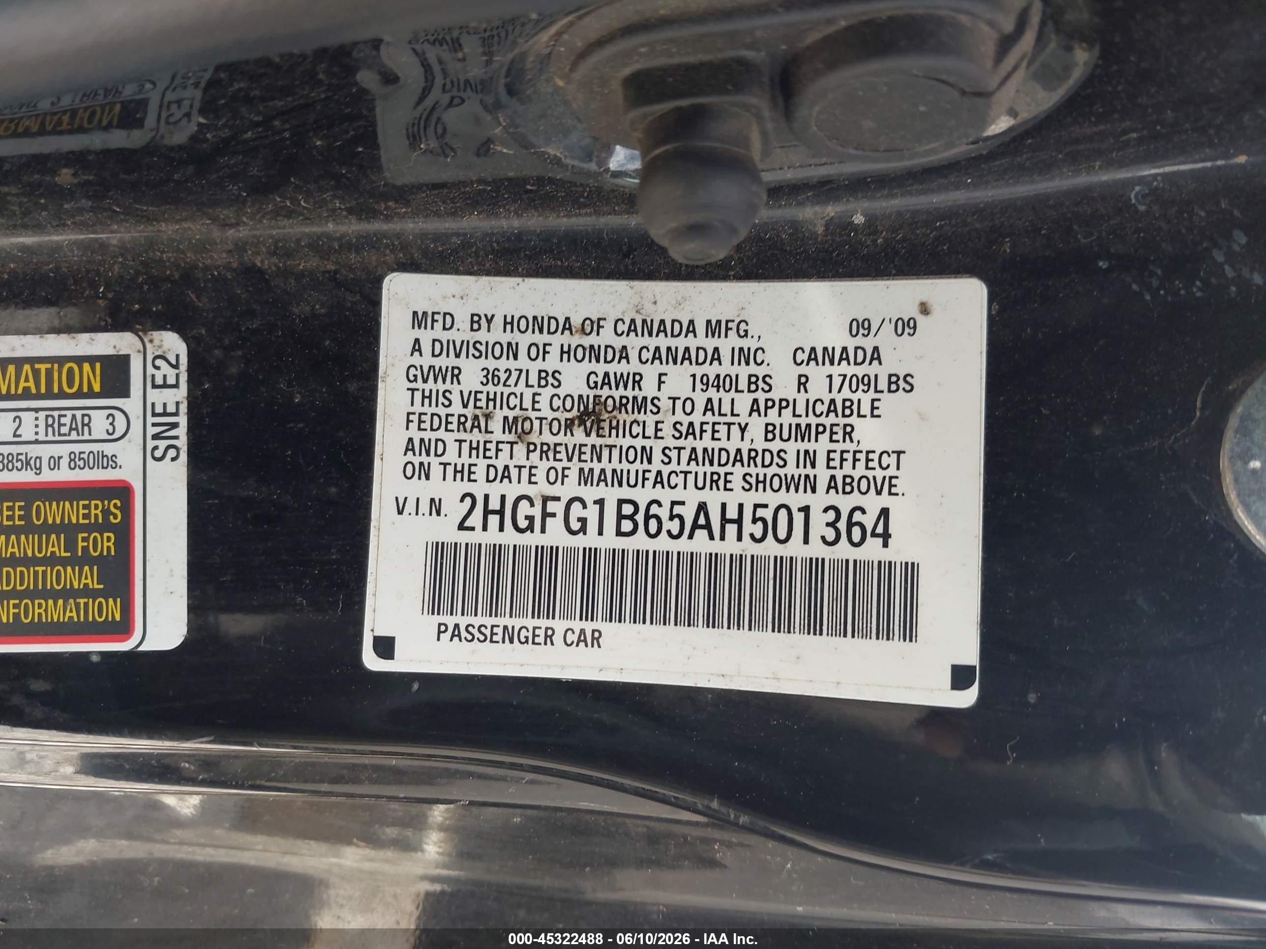 2010 Honda Civic Lx Black vin: 2HGFG1B65AH501364