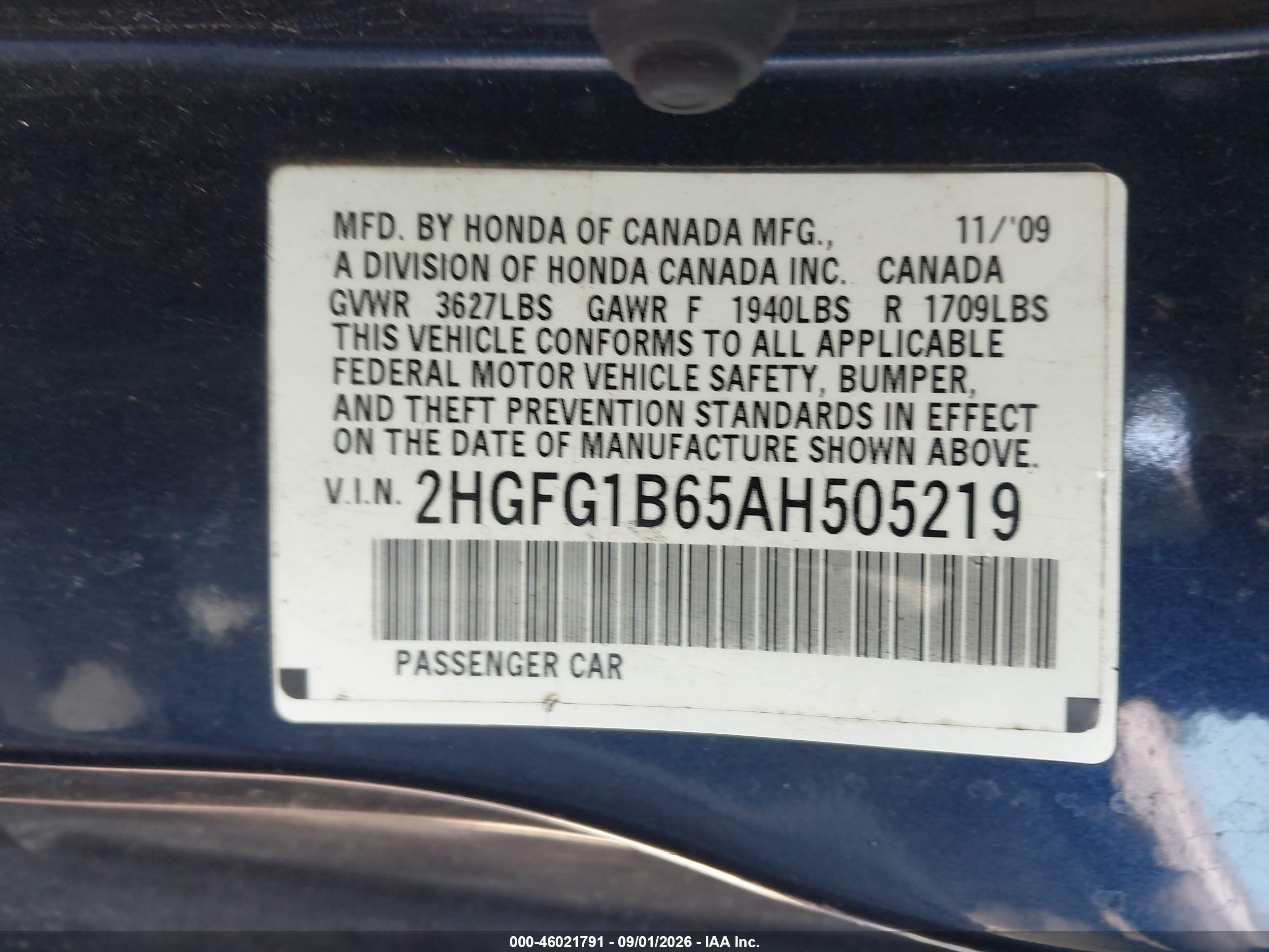 2010 Honda Civic Lx Blue vin: 2HGFG1B65AH505219