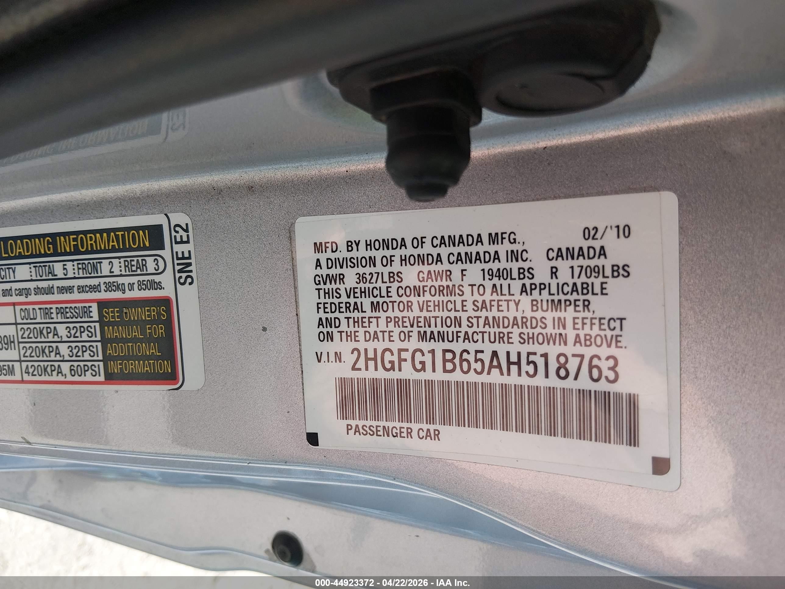 2010 Honda Civic Lx Silver vin: 2HGFG1B65AH518763