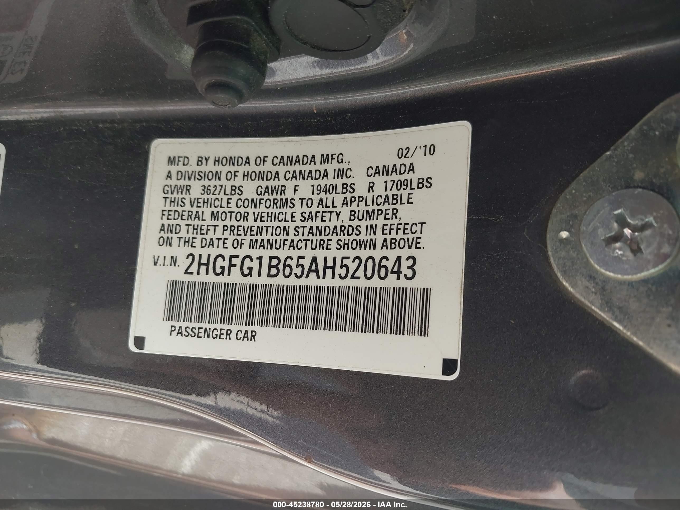 2010 Honda Civic Lx Gray vin: 2HGFG1B65AH520643