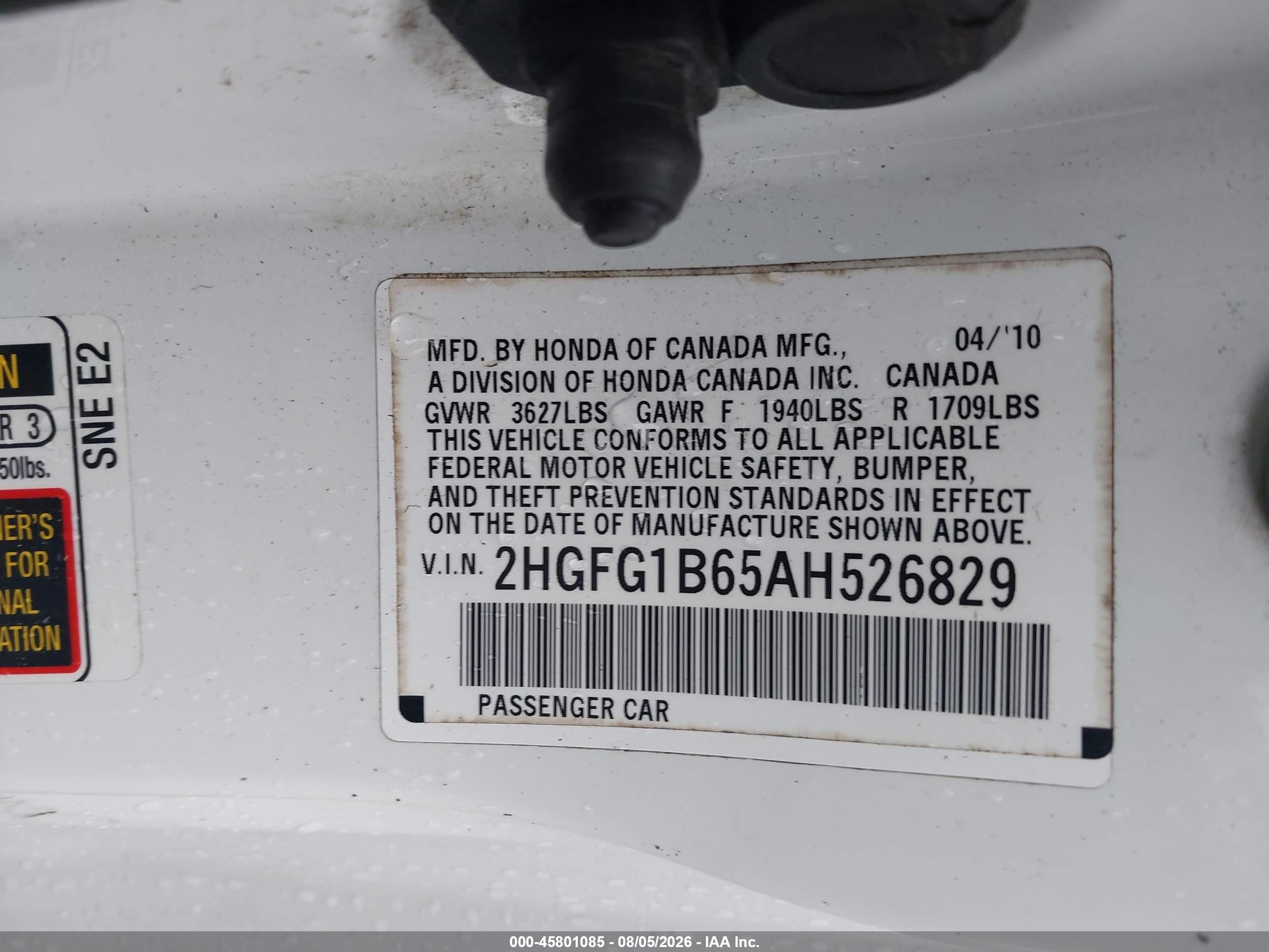 2010 Honda Civic Lx White vin: 2HGFG1B65AH526829
