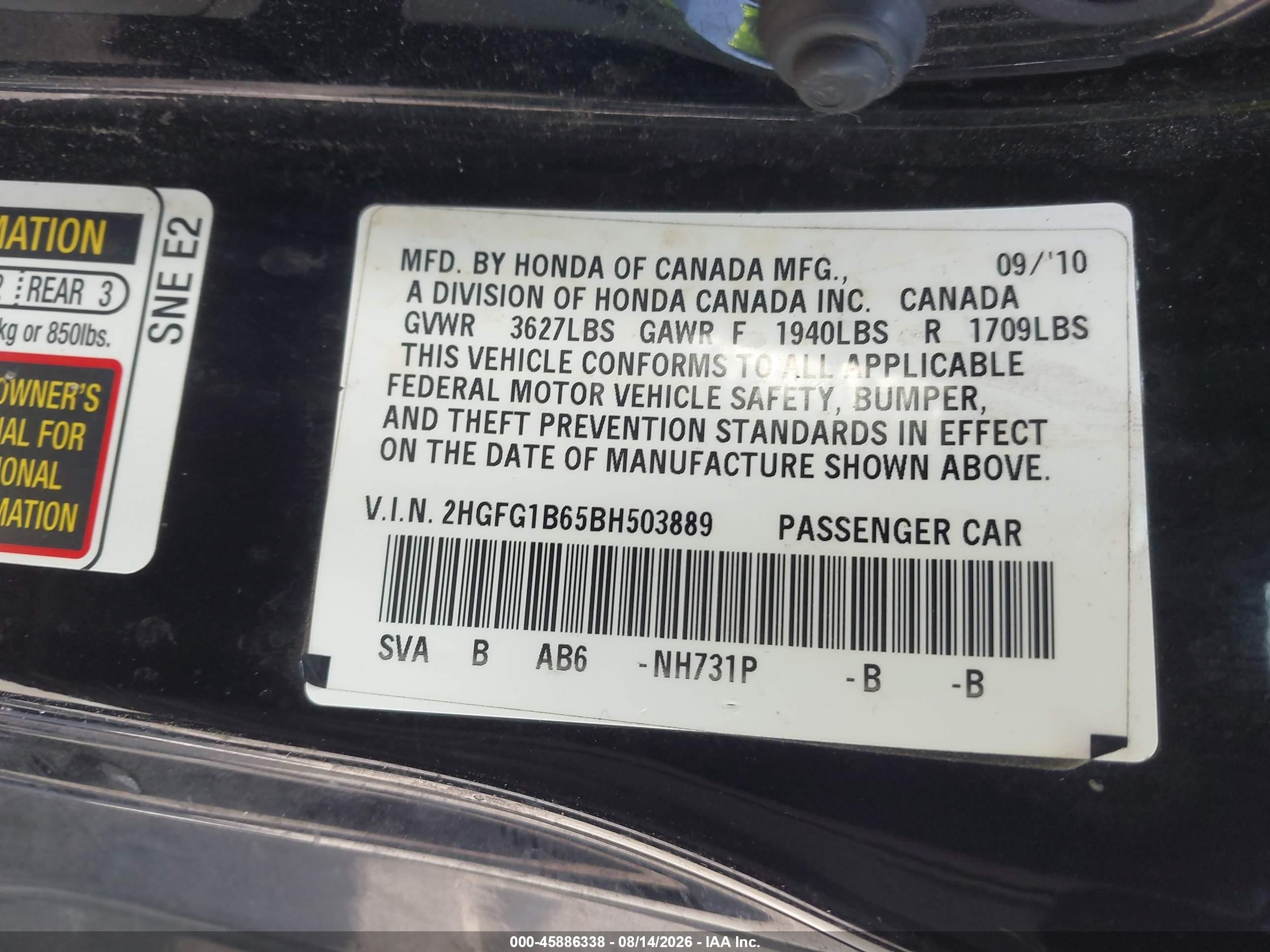 2011 Honda Civic Lx Black vin: 2HGFG1B65BH503889