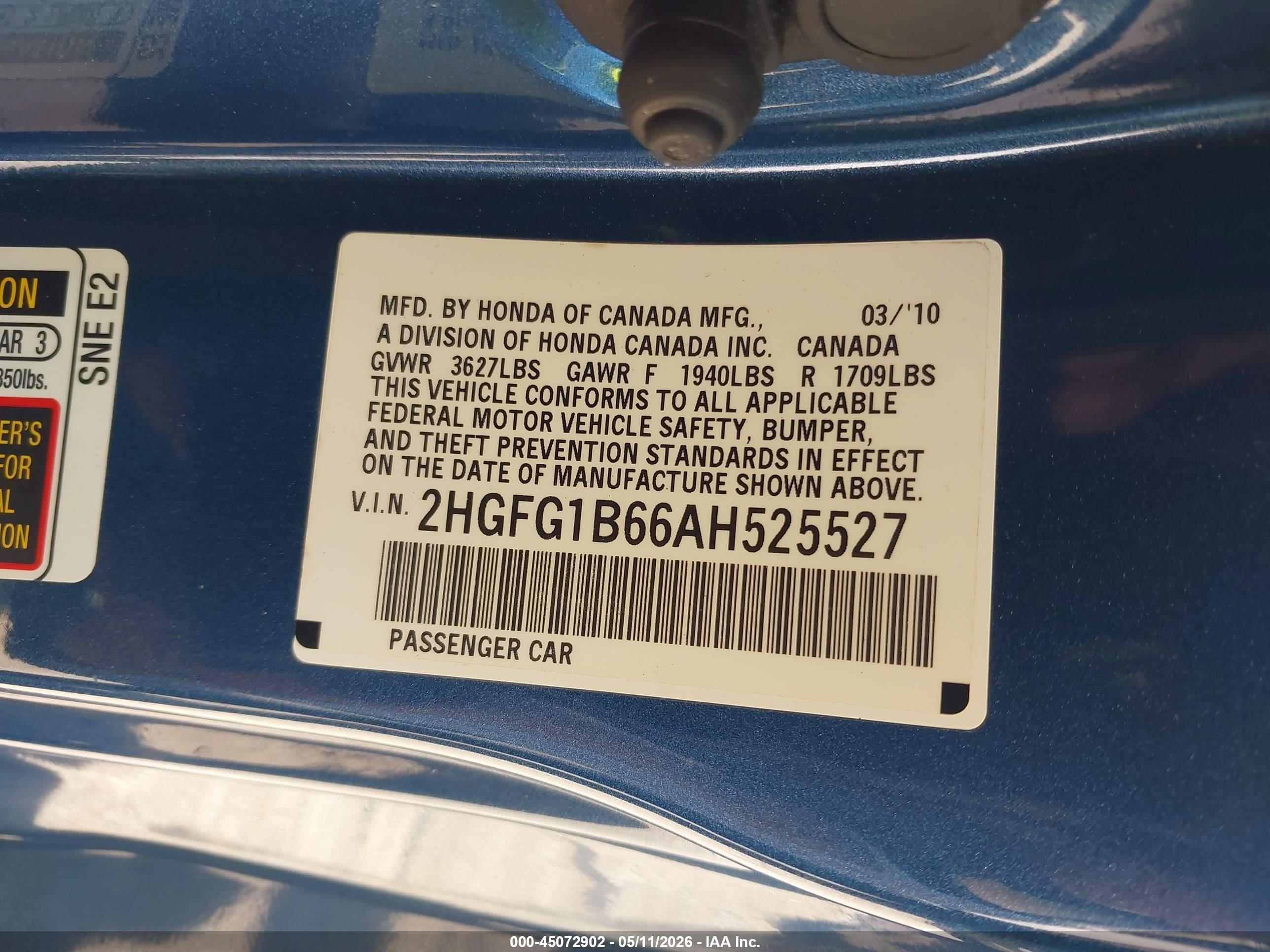 2010 Honda Civic Lx Blue vin: 2HGFG1B66AH525527