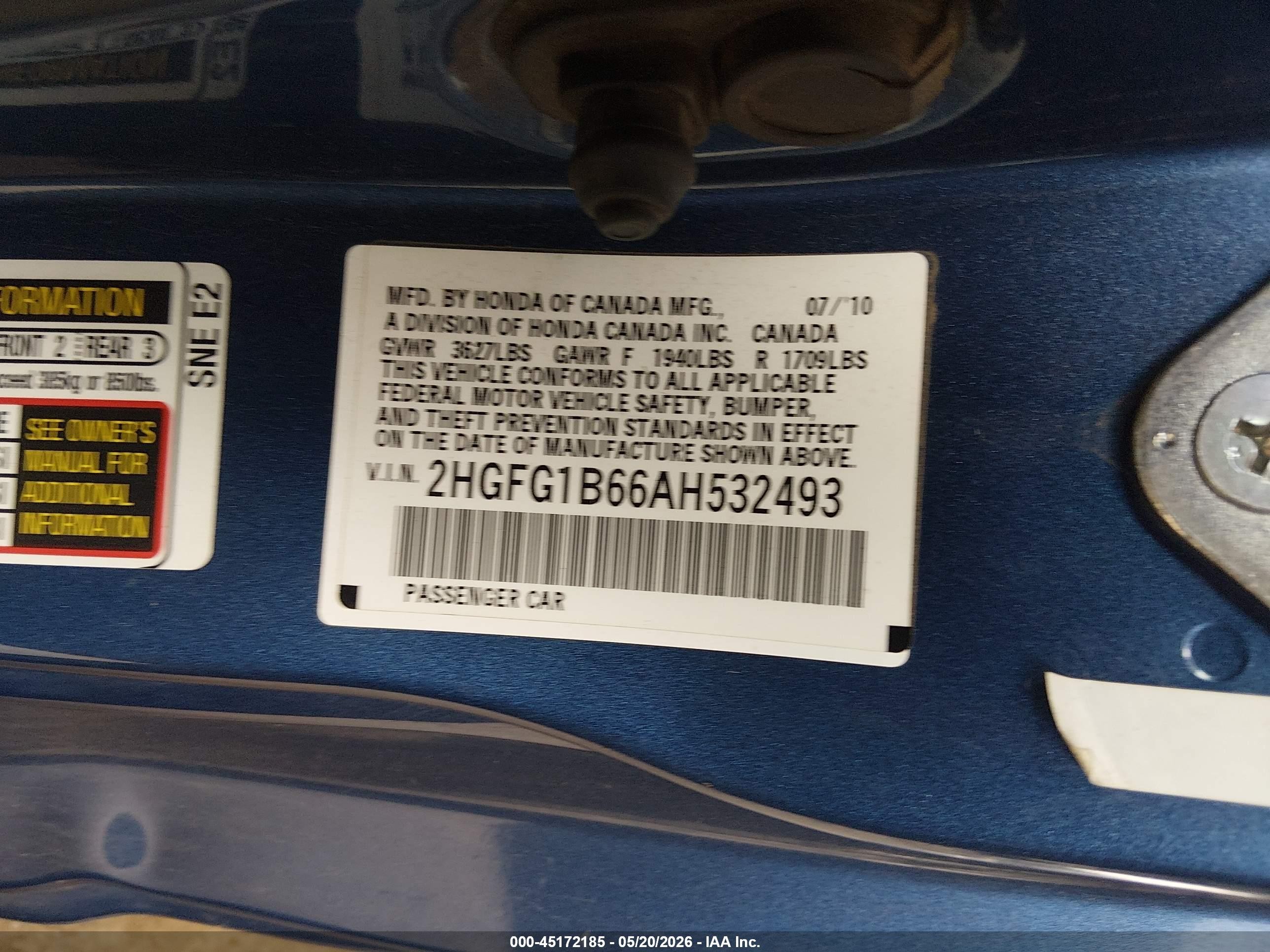 2010 Honda Civic Lx Синий vin: 2HGFG1B66AH532493
