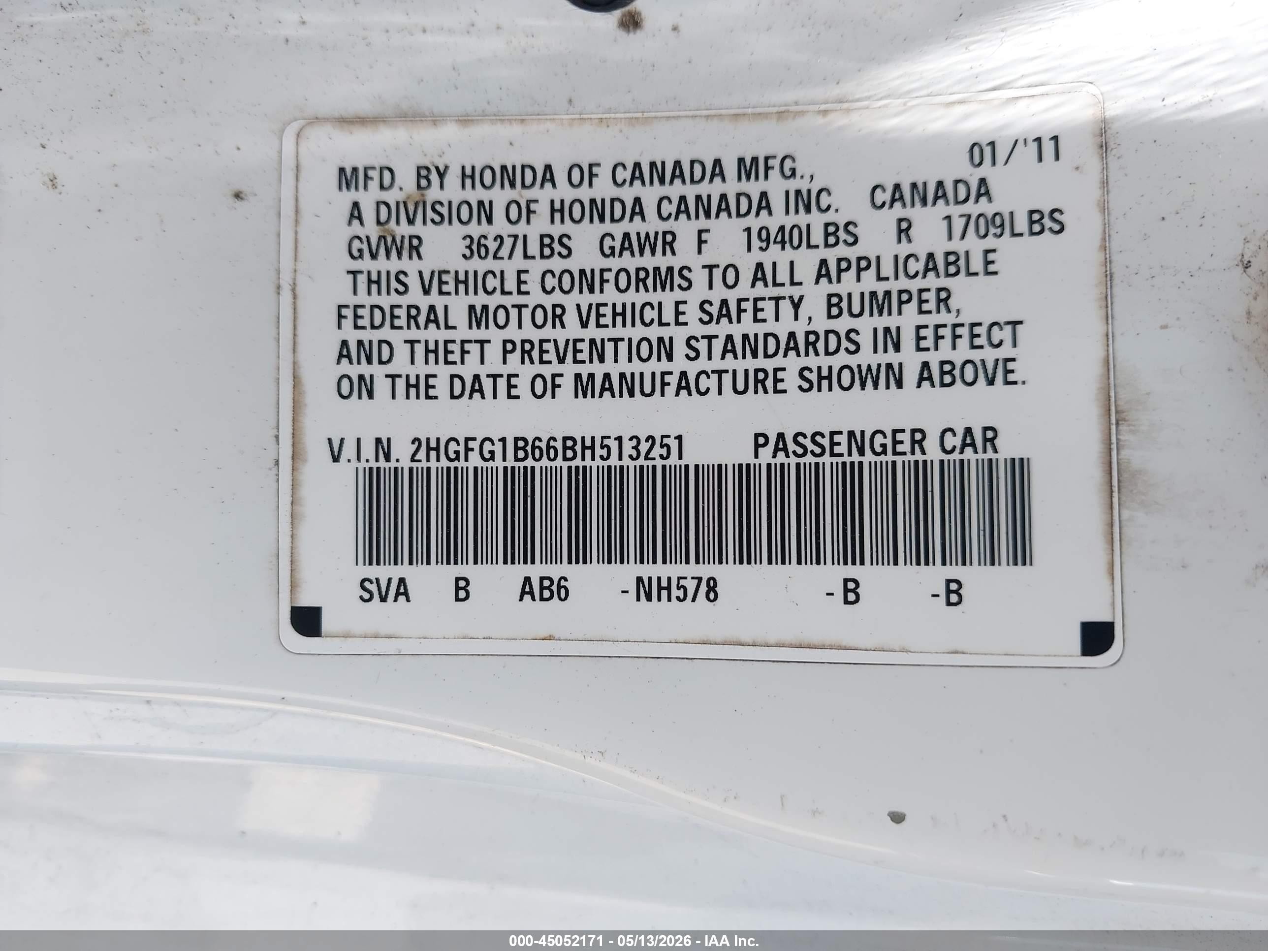 2011 Honda Civic Lx White vin: 2HGFG1B66BH513251