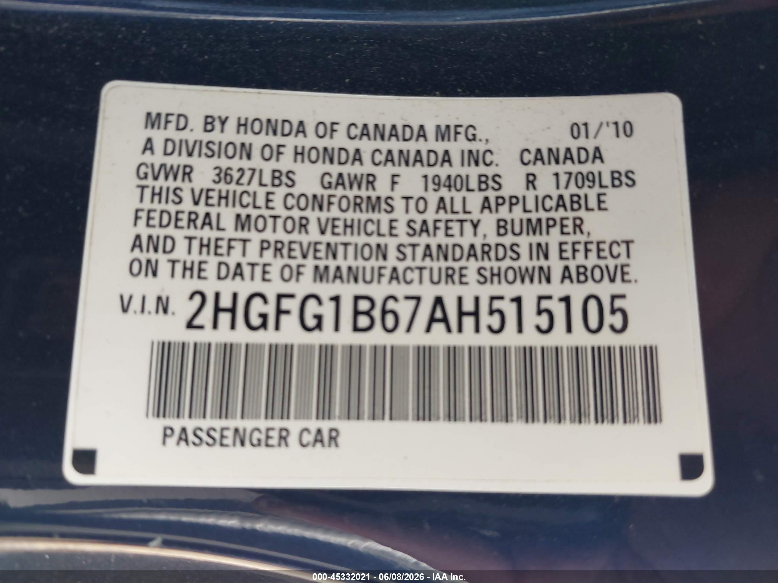 2010 Honda Civic Lx Blue vin: 2HGFG1B67AH515105