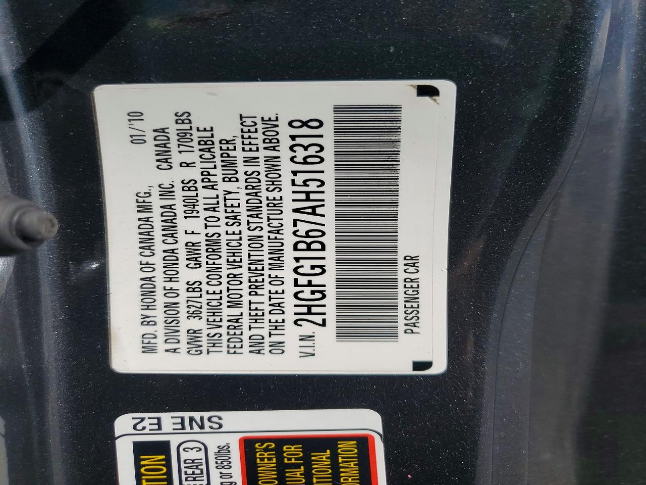 2010 Honda Civic Lx Gray vin: 2HGFG1B67AH516318